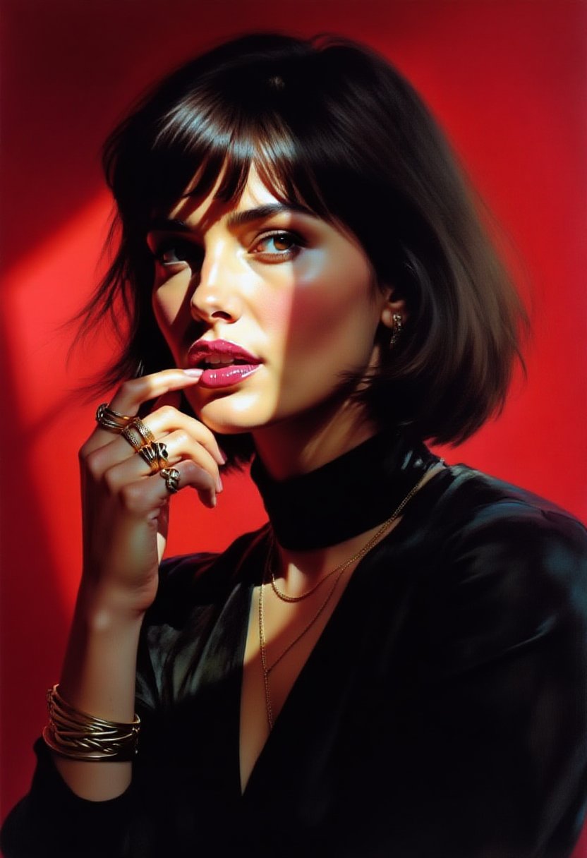 gouache painting,  portrait of against a vibrant red background. The lighting is dramatic,  with a sharp by FuzzyBoots on...