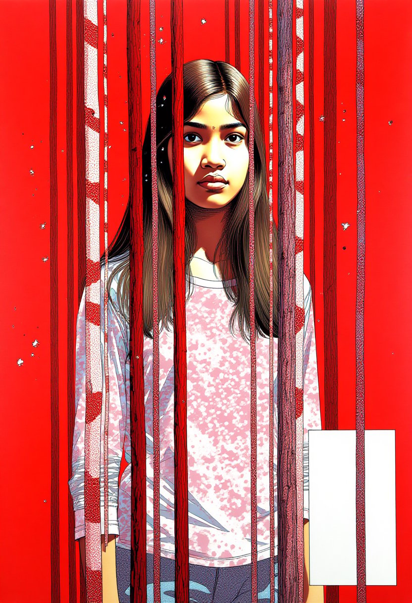 gouache painting,  waist-up portrait of a brunette Filipino-Australian ingenue in a redwood forest designed by Patrick Cau...