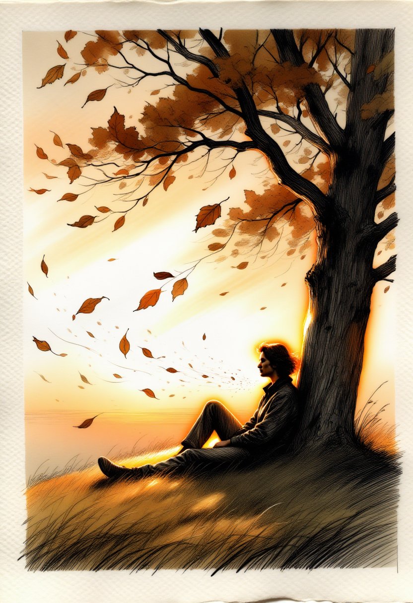 detailed gouache with outline in ink on textured paper,  depict a person sitting under tree,  leaning against trunk by Fuz...