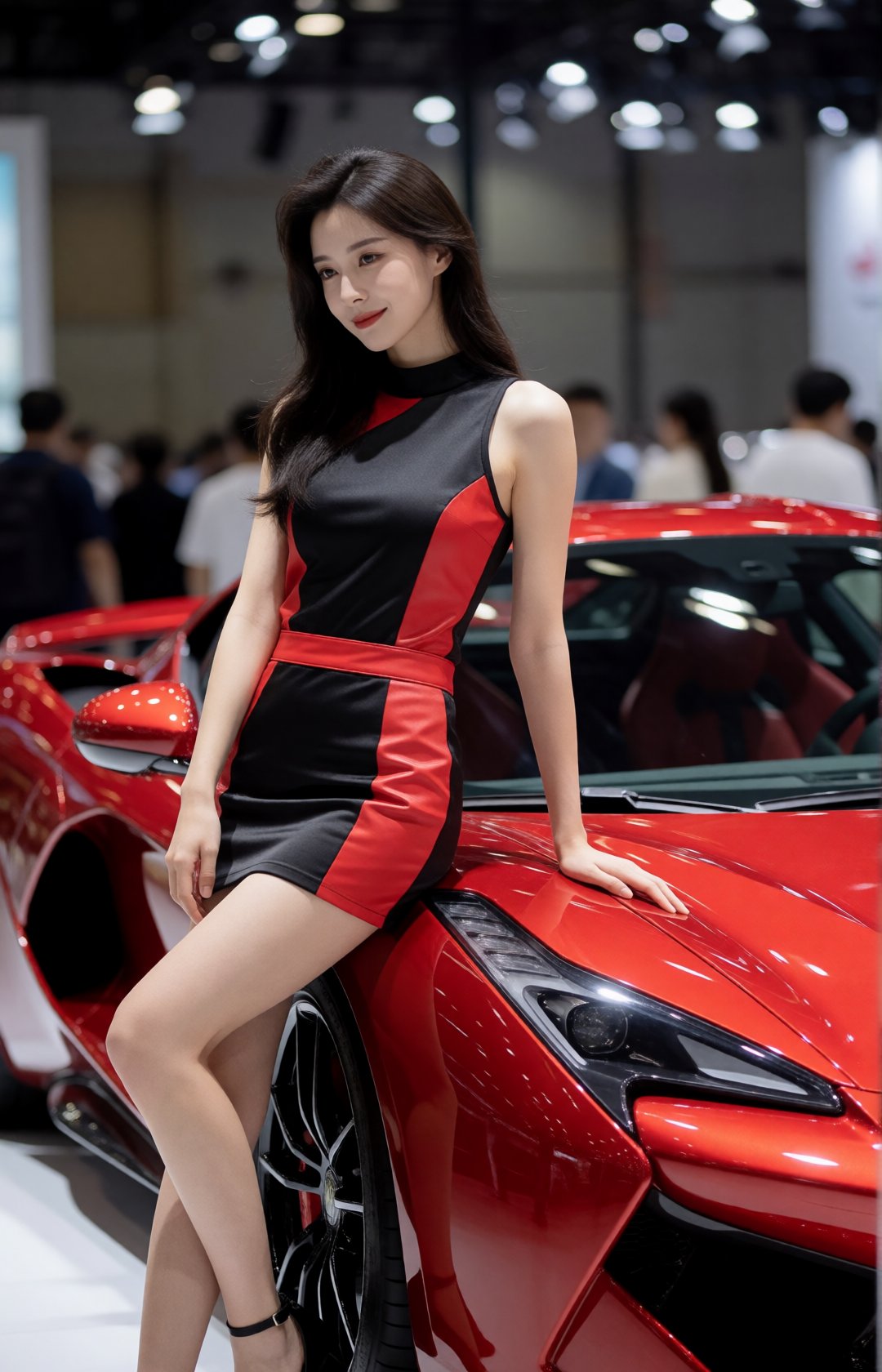 A striking high-fashion automotive show scene featuring a confident young woman posing beside a glossy red supercar at an...