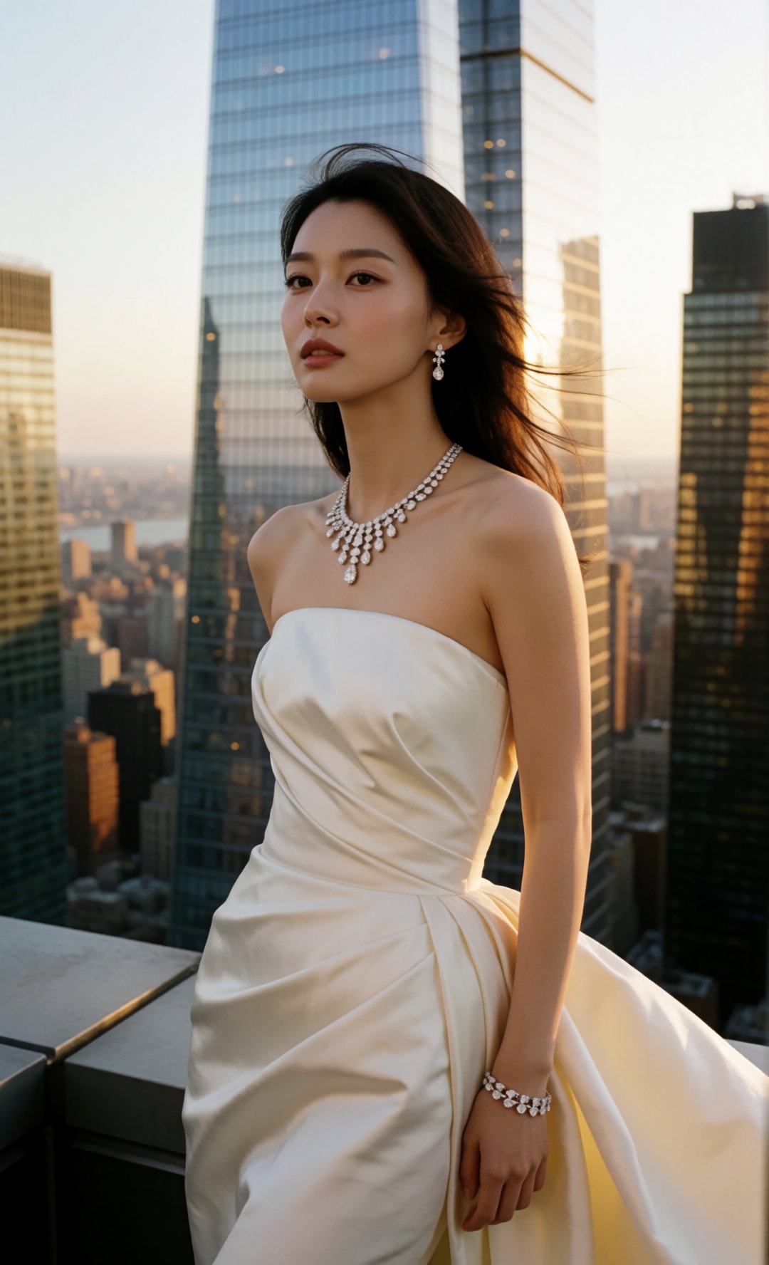 luxury jewelry editorial,  stunning young korean woman wearing an elegant strapless ivory couture gown with soft sculptura...