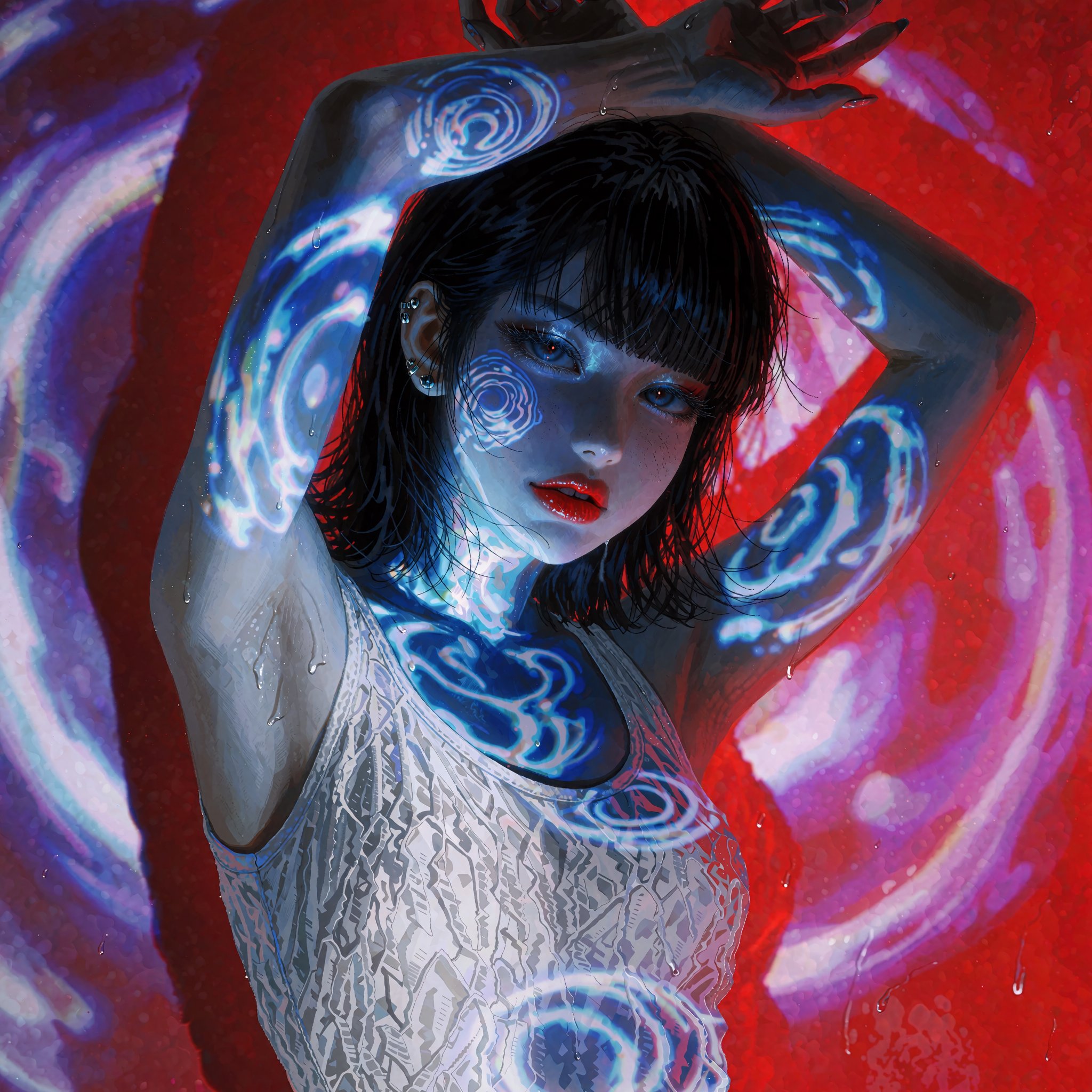 @SR1PNTRL young woman with dark straight bangs,  arms raised above head,  white textured sleeveless bodysuit by OnlyLemonL...