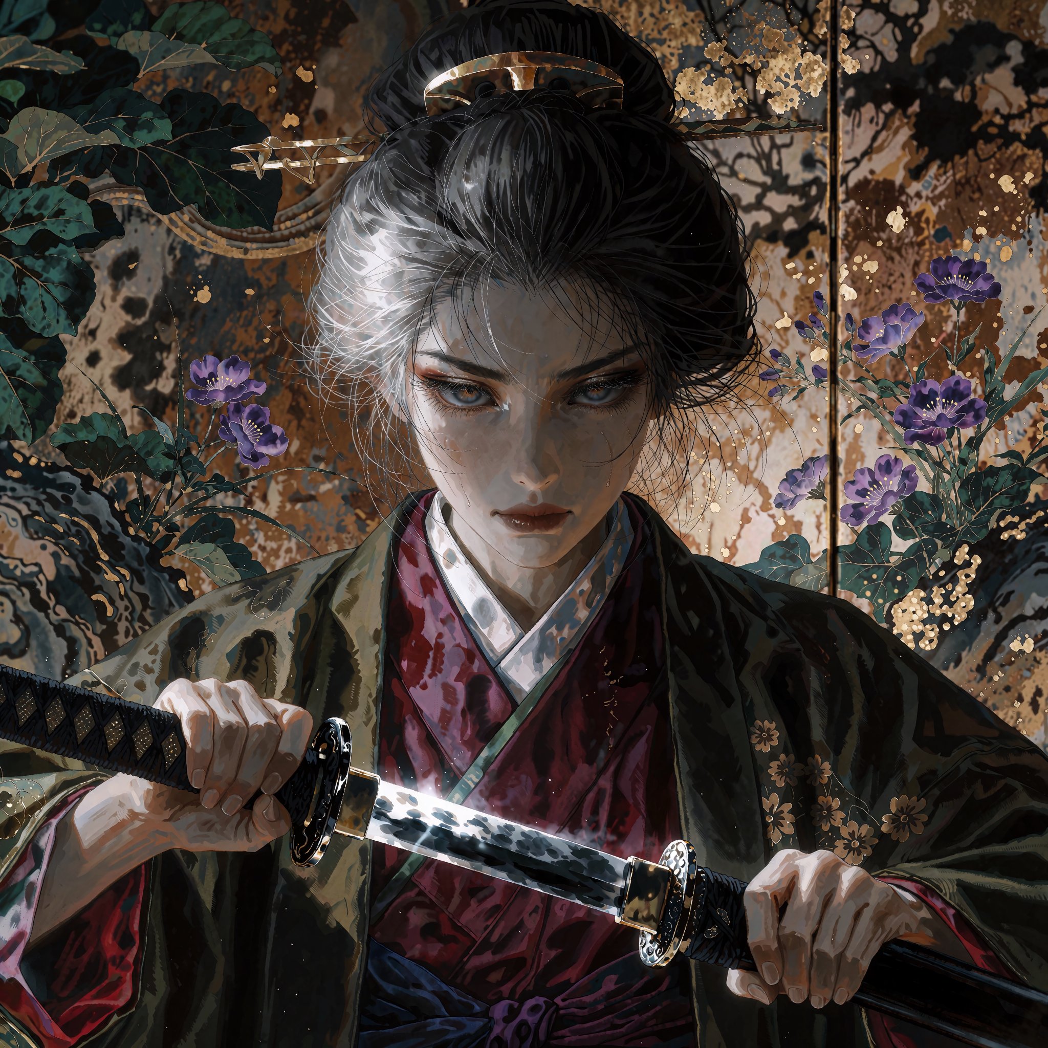 @SR1PNTRL A solemn close-up portrait of a woman with an elaborate traditional Japanese updo,  her dark hair streaked with...