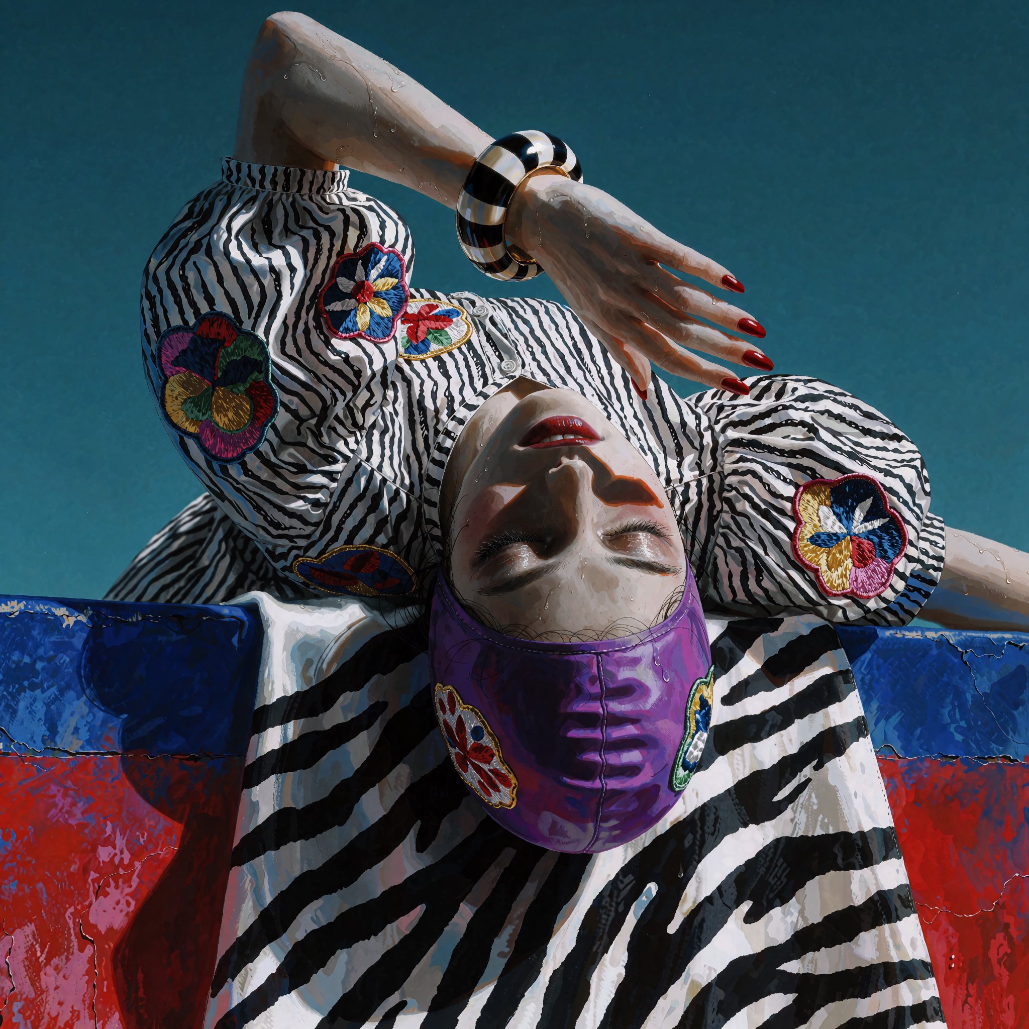 @SR1PNTRL upside-down woman leaning backward over a vividly painted ledge,  high-fashion editorial photography,  striking...