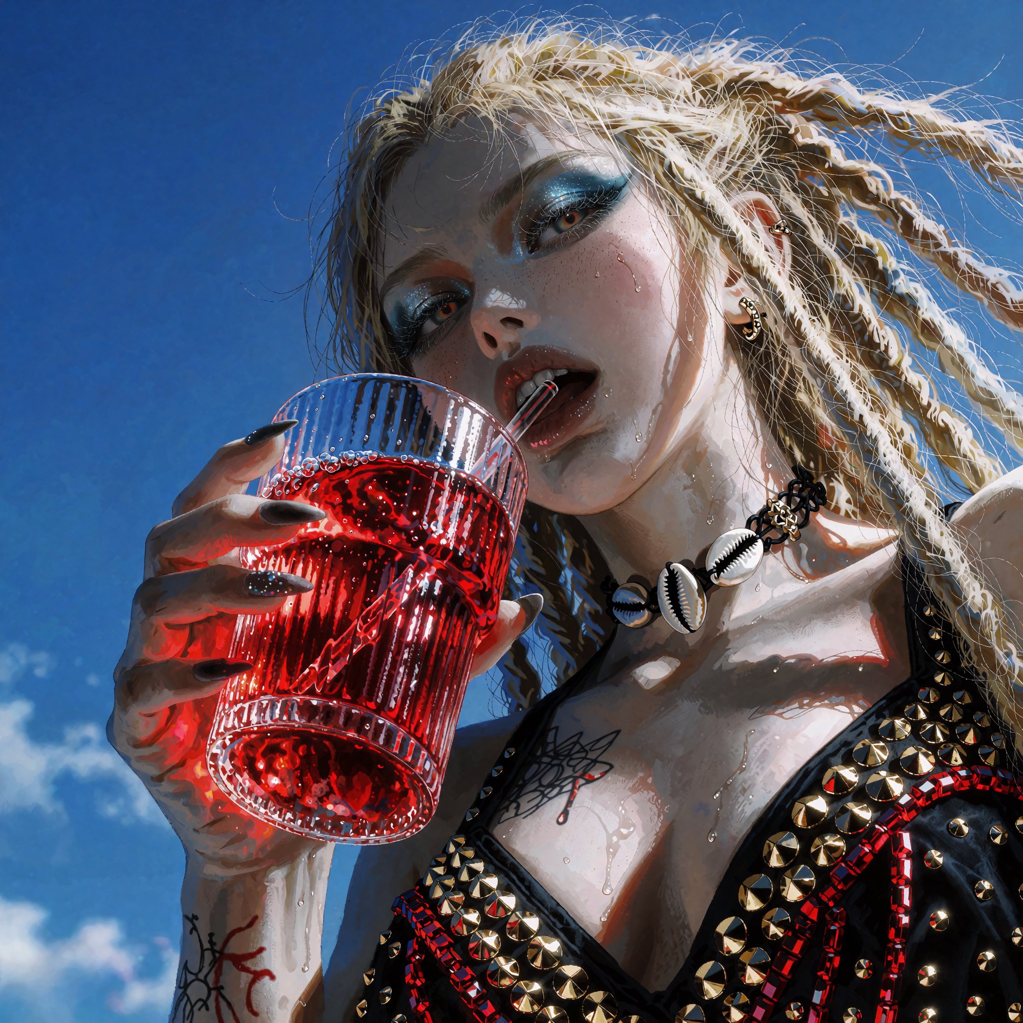 @SR1PNTRL An extreme low-angle portrait of a young woman with sweeping blonde dreadlocks holding a ribbed glass of glowing...
