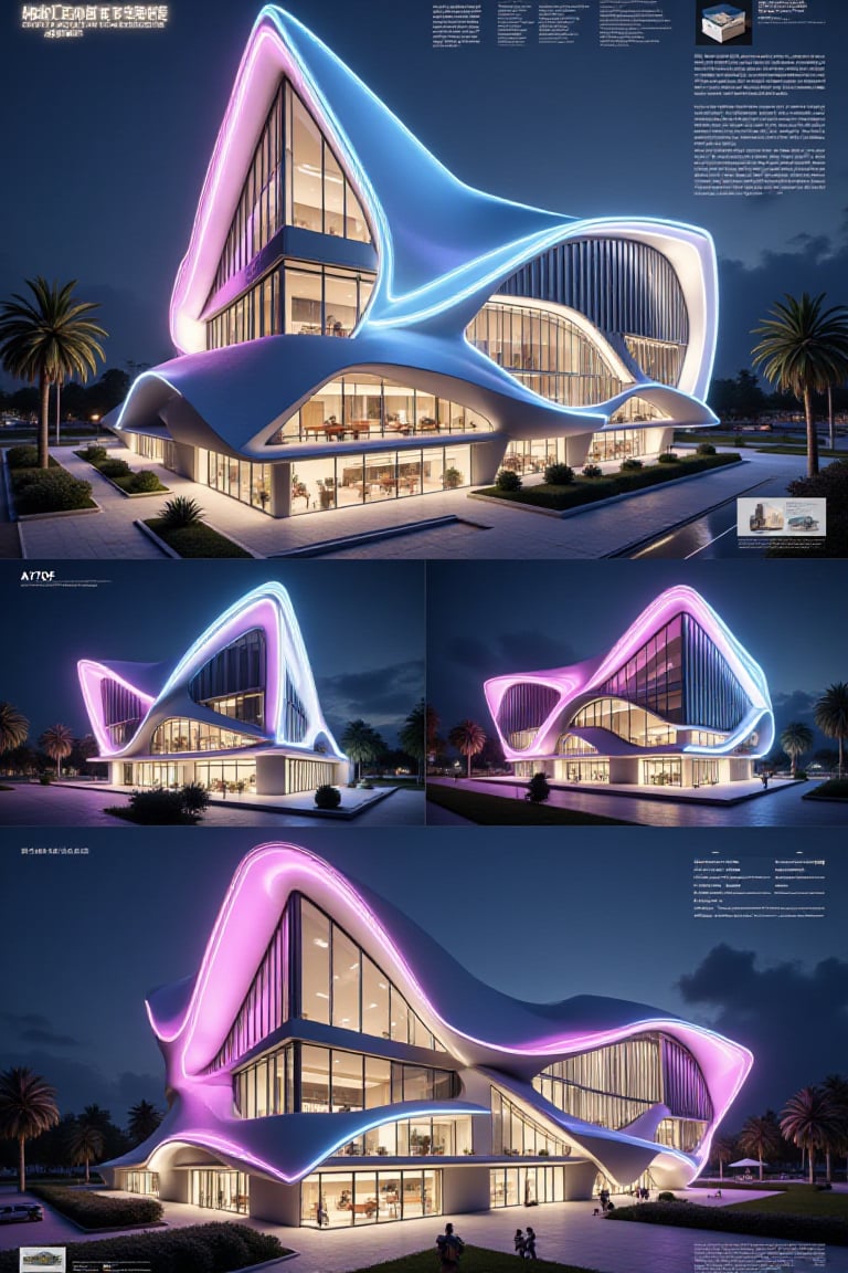 "The image showcases a futuristic architectural design for a building labeled as ""Four Pile Concrete"" with a specific mo...
