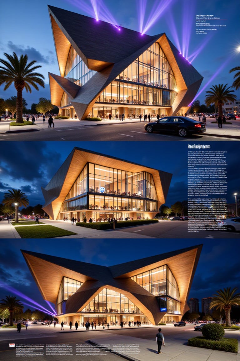 The image showcases a modern architectural structure with a futuristic design,  illuminated at night. The building feature...