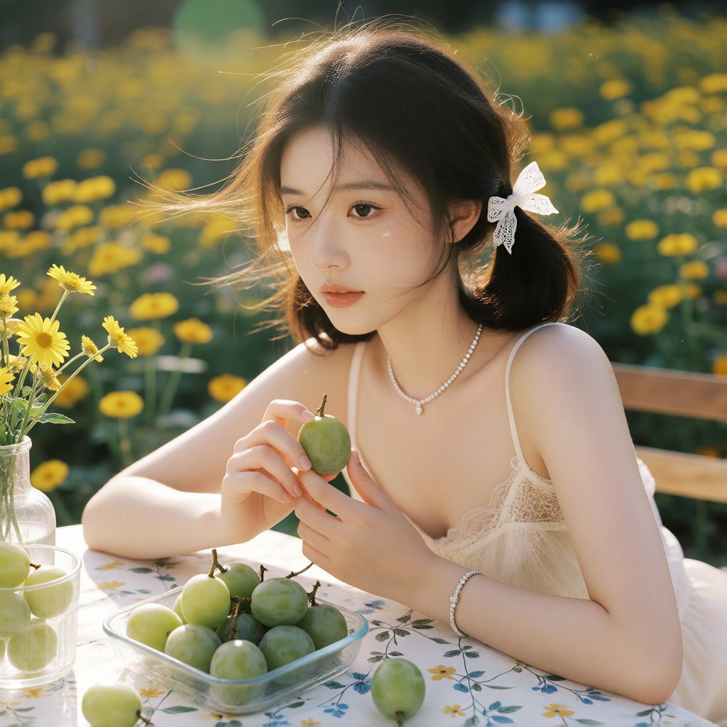 照片中是一位年轻的亚洲女性,  暖金色午后户外花田的清新少女写真,  日系胶片质感 by 让AI更感性 on Tensor.Art