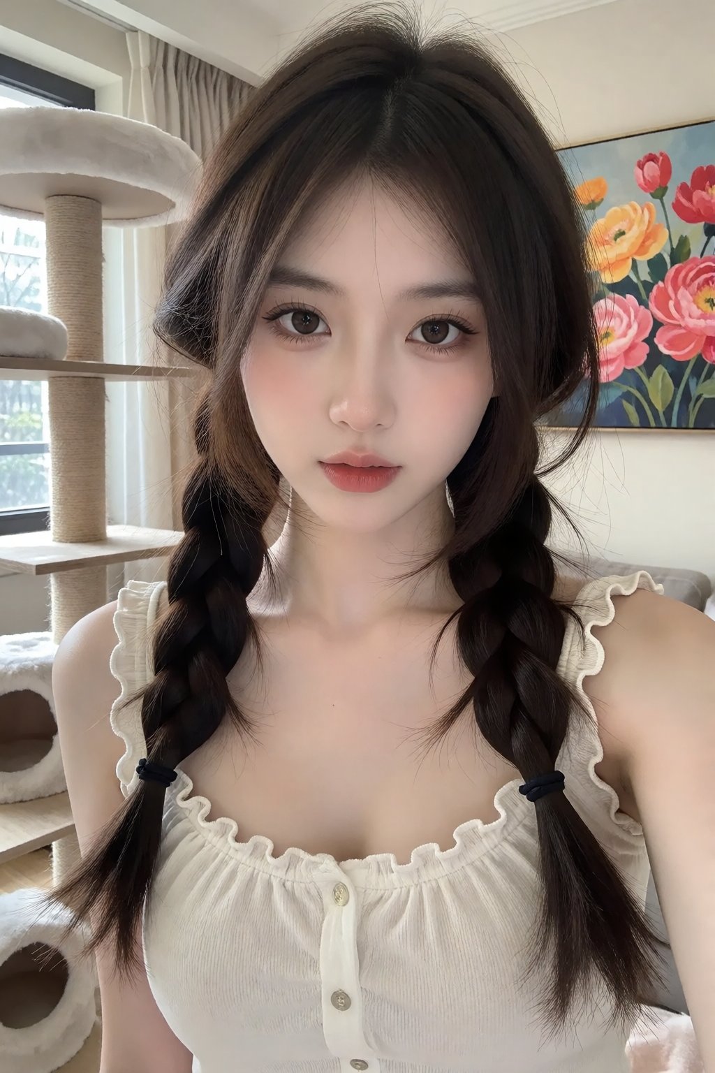 照片中一位年轻的亚洲女性皮肤白皙,  五官精致,  穿着白色无袖荷叶边上衣。她有一头深棕色的长发 by 让AI更感性 on Tensor.Art