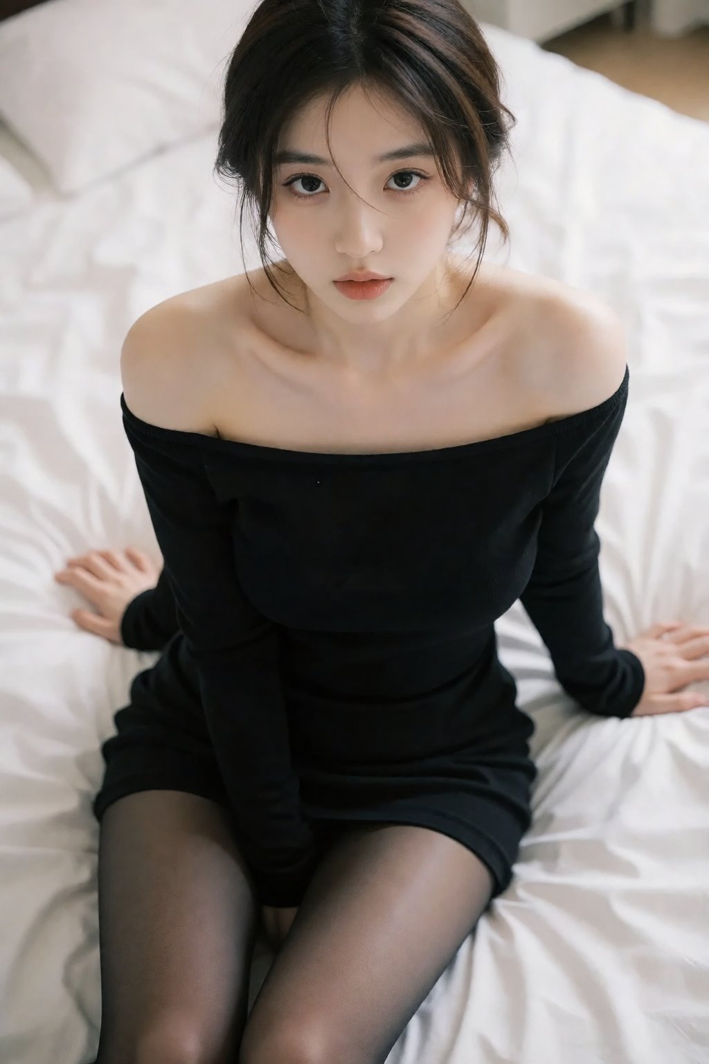 照片中,  一位皮肤白皙、五官精致的东亚女性坐在铺着白色床单的床上。她有一头深棕色的直发,  在脑后扎成一个松散的发髻 by 让AI更感性 on Tensor.Art