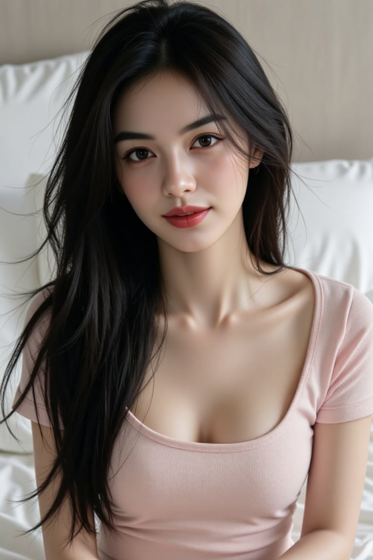 A realistic portrait of a woman with long flowing voluminous black hair and black eyes sitting on a bed wearing a light ye...