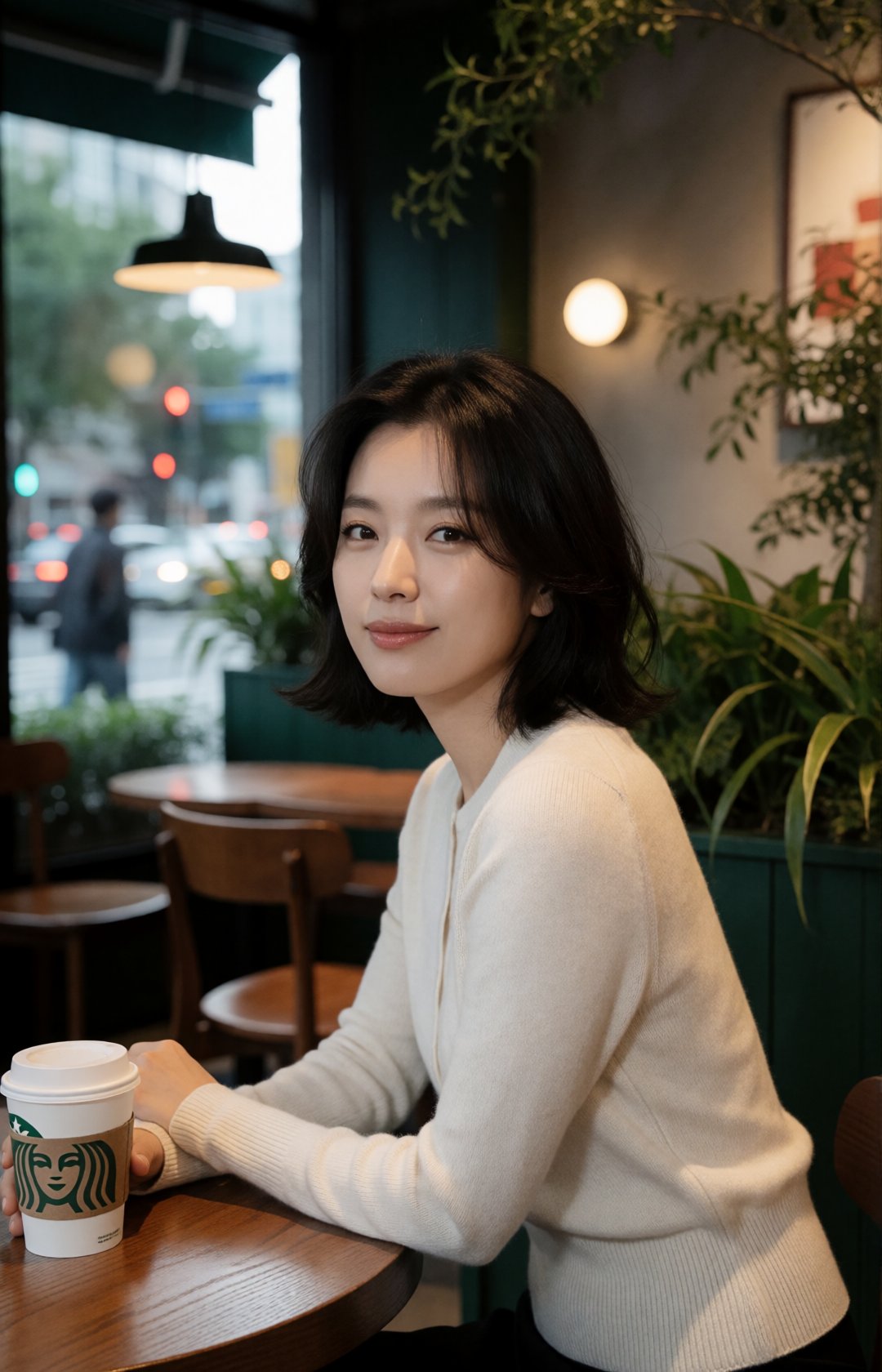 luxury candid café editorial portrait of a stunning Korean woman sitting at a stylish Starbucks café table,  gently smilin...