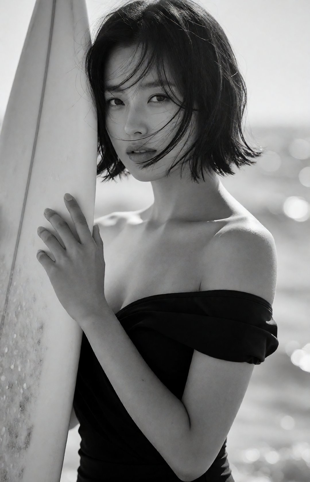 high-fashion black and white beach editorial,  close-up portrait of a young Korean woman with a wet windswept short bob,...