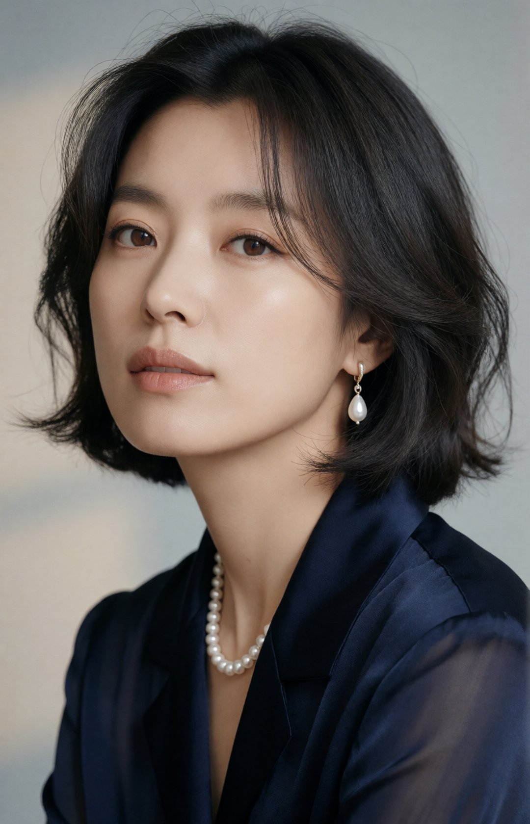 luxury jewelry beauty editorial portrait of a stunning young Korean woman,  slightly messy sleek black bob haircut with so...