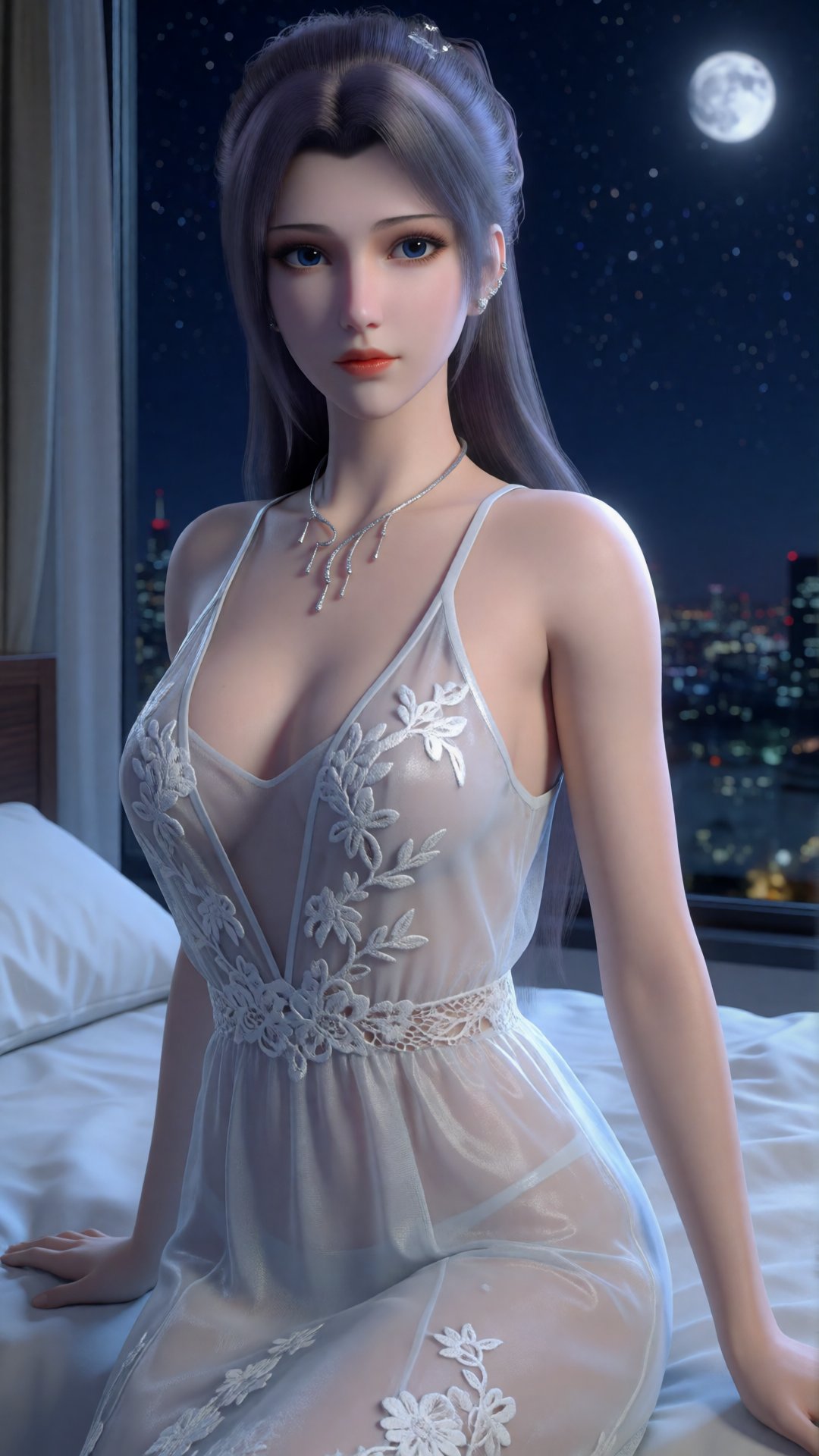 A young woman with long hair,  delicate facial features and fair skin,  wearing a translucent white gauze suspender dress...