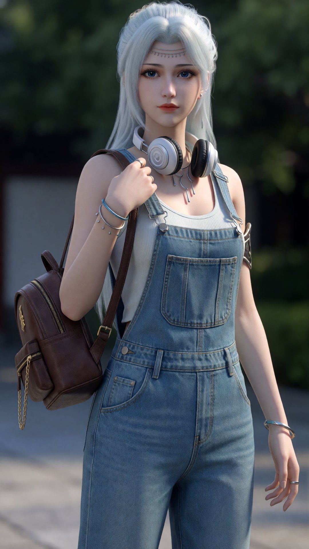 Outdoors,  with a shy and cute random expression,  one-piece suspender jeans by Tim_Yi on Tensor.Art