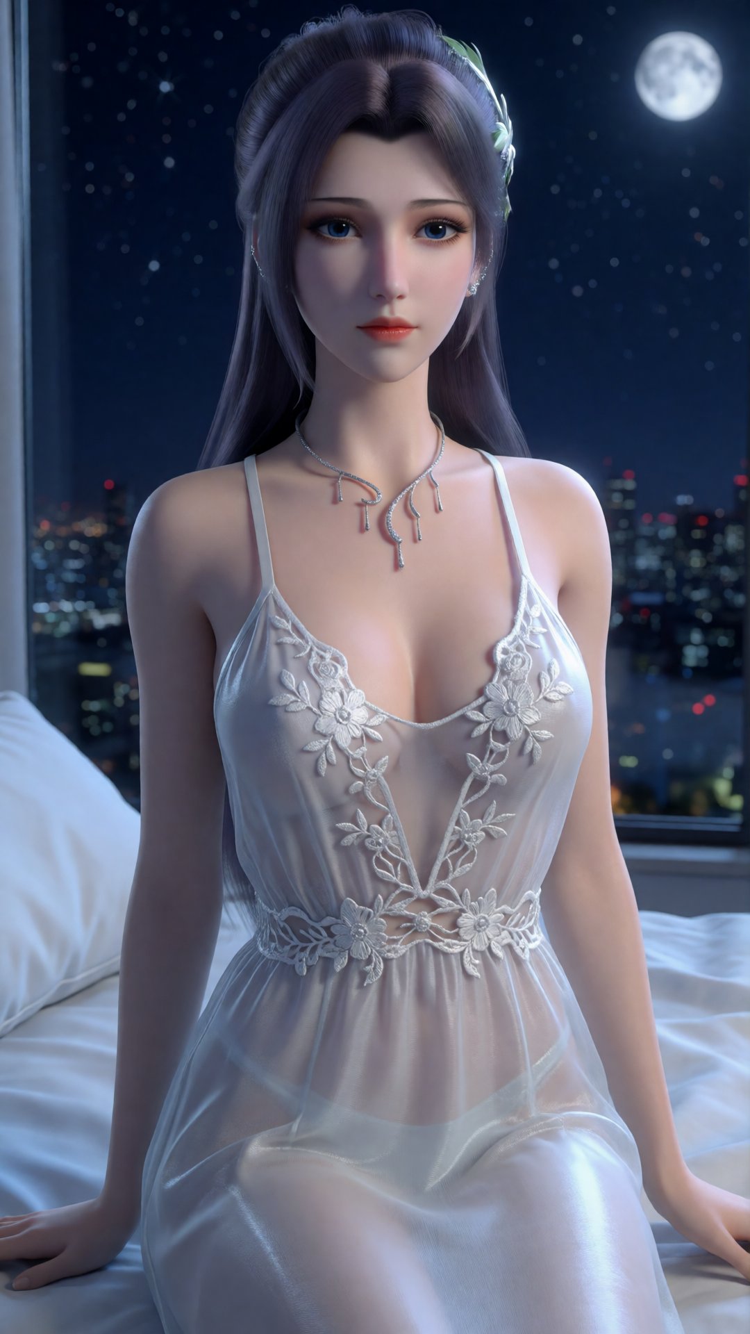 A young woman with long hair,  delicate facial features and fair skin,  wearing a translucent white gauze suspender dress...