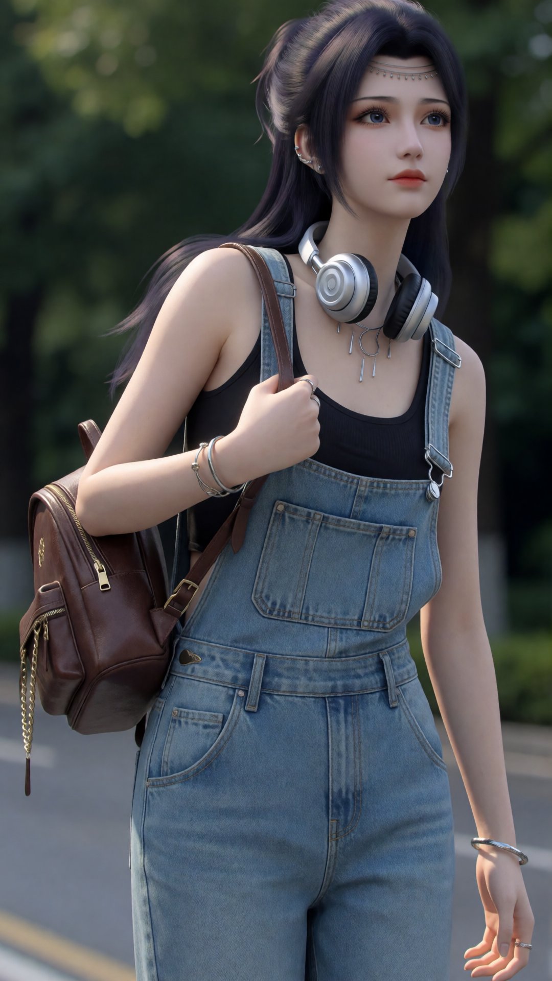 Outdoors,  with a shy and cute random expression,  one-piece suspender jeans by Tim_Yi on Tensor.Art