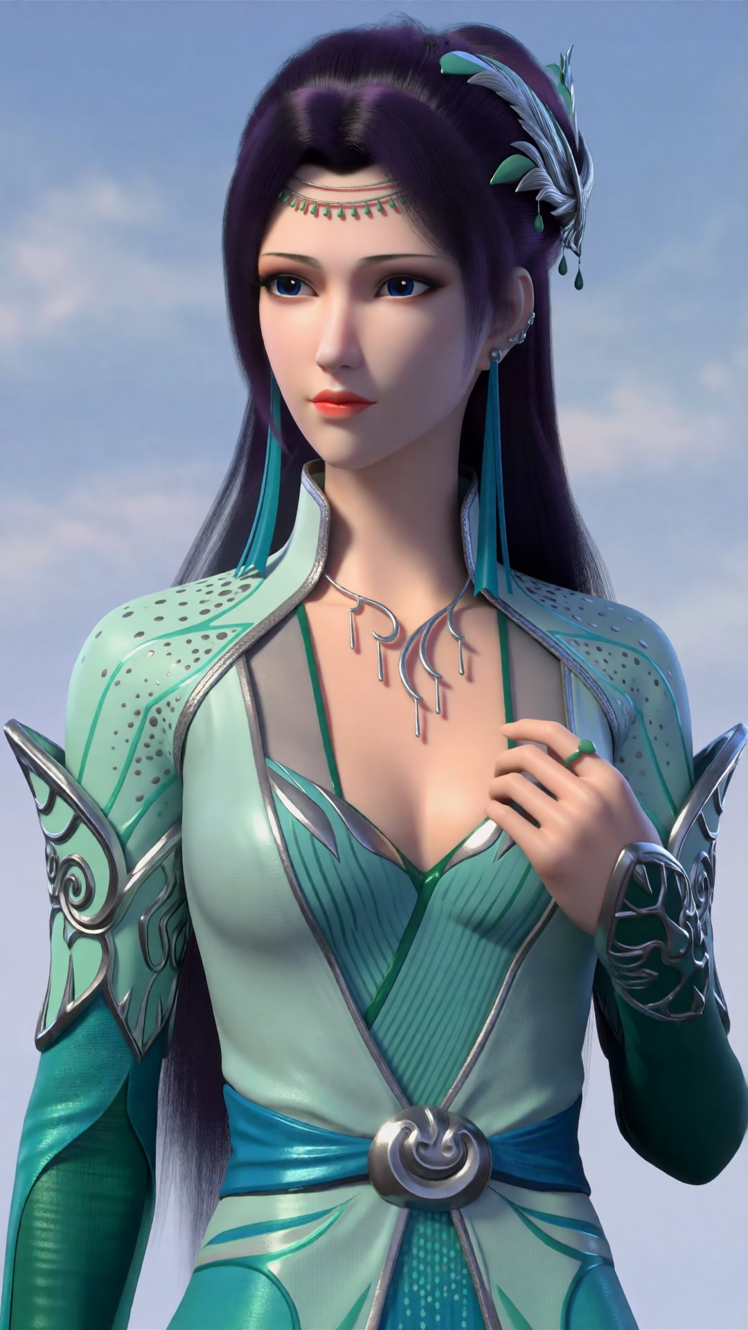 This digital 3D animation depicts a young woman with a serene expression and a distant gaze. She features long,  dark purp...
