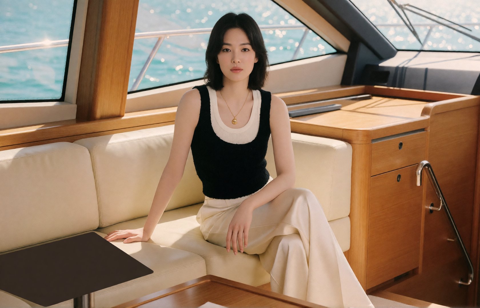 luxury yacht interior editorial,  strikingly beautiful young Korean woman,  captivating beauty by EclipseKww on Tensor.Art
