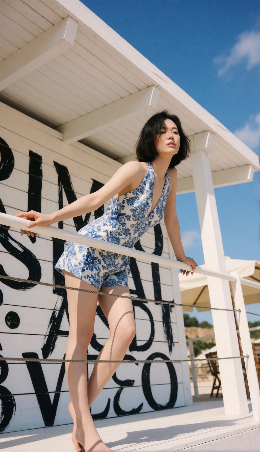 luxury summer resort fashion editorial,  beautiful young Korean woman with a slightly tousled short bob,  leaning casually...
