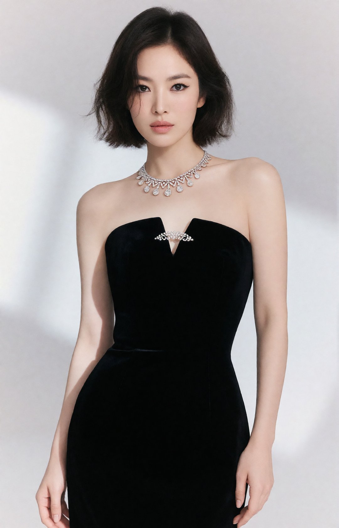 high-fashion editorial portrait of a stunning Korean woman standing elegantly in a minimalist luxury studio,  tousled bob...