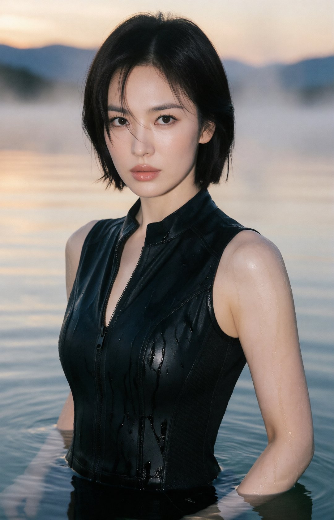 A stunning portrait of female warrior half-submerged in a large lake,  water droplets glistening on her suit. She wears a...