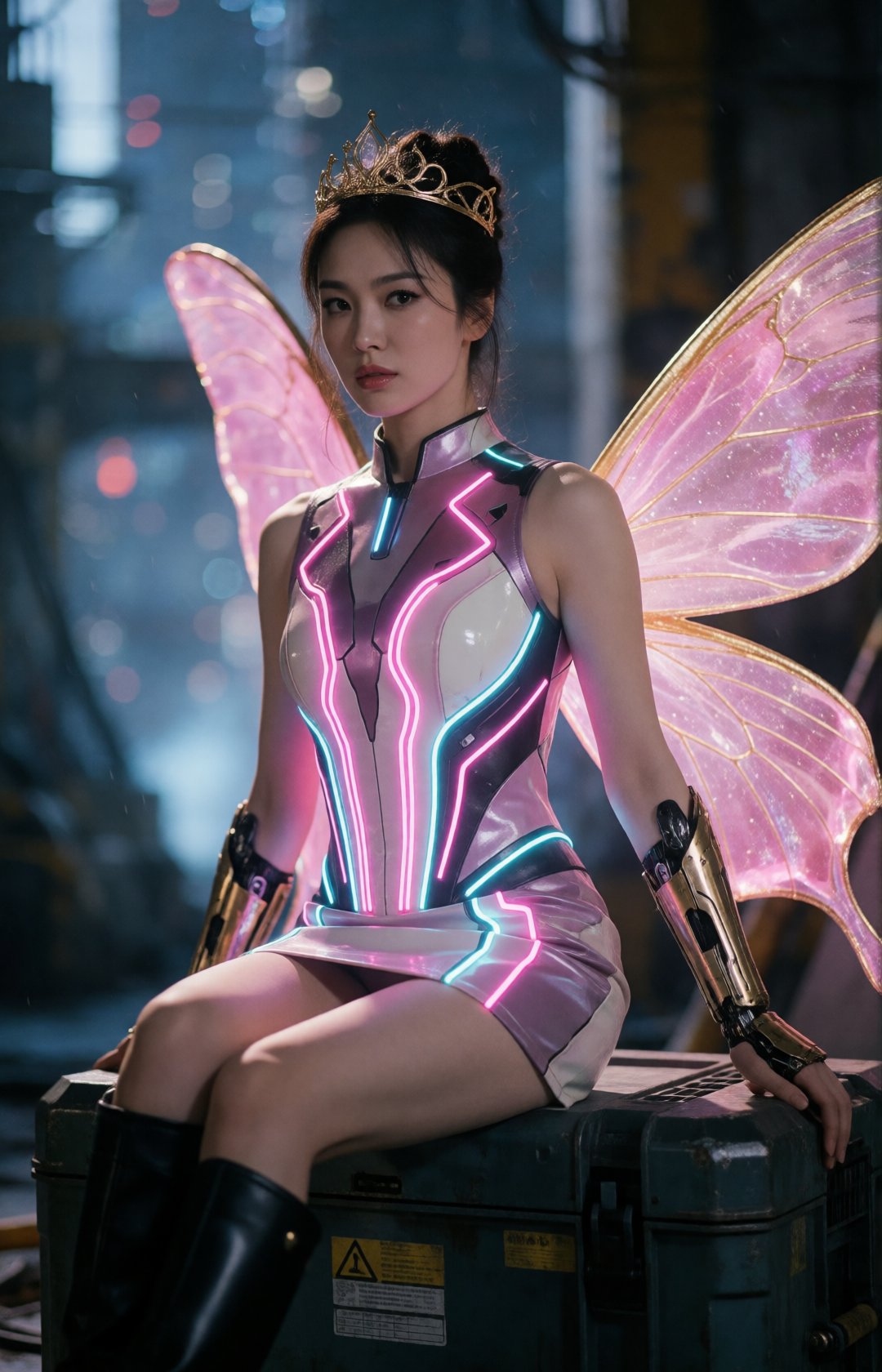 Ultra-realistic cinematic photograph of a cyberpunk fairy seated on a mechanical crate in a futuristic industrial city,  w...