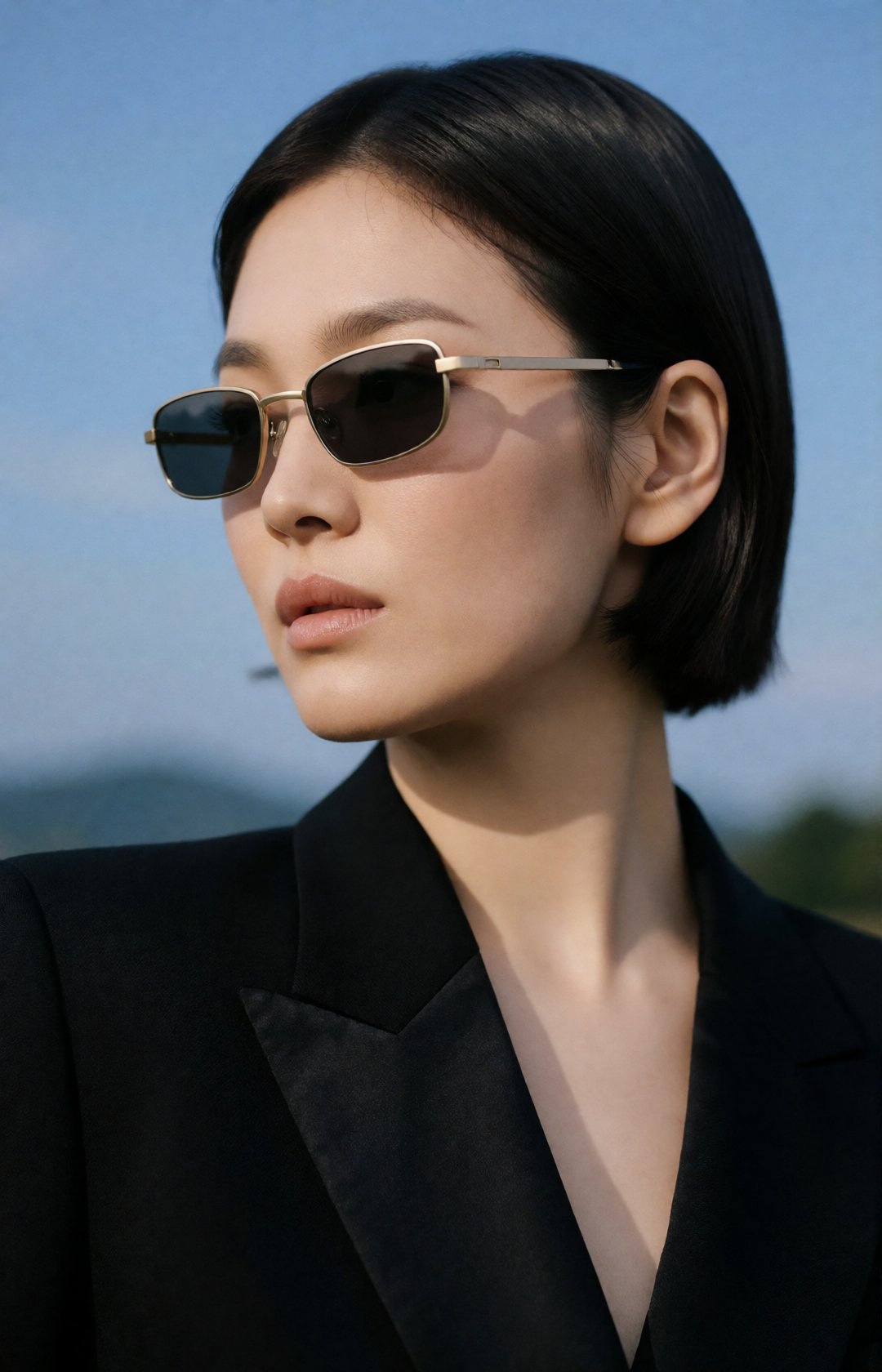 high-fashion beauty editorial,  close-up portrait of a young korean woman with a sleek wet-look short bob,  minimalist gol...