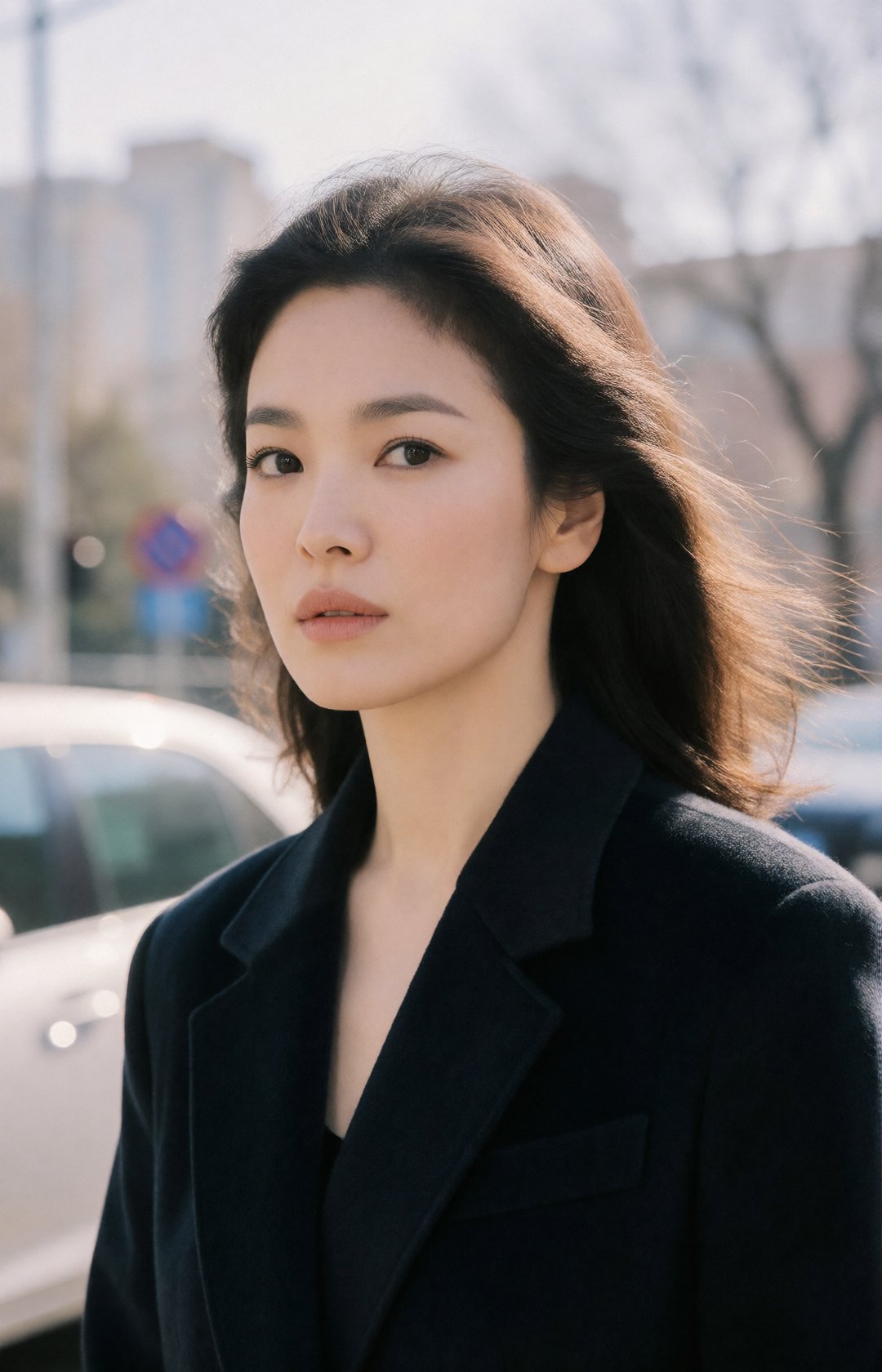 A realistic street portrait of a young woman on a breezy winter day,  hair gently moving in the wind,  dark cashmere coat...