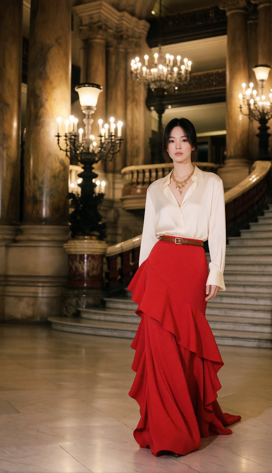 luxury evening fashion editorial,  strikingly beautiful young Korean woman,  wearing an elegant ivory silk blouse with a r...