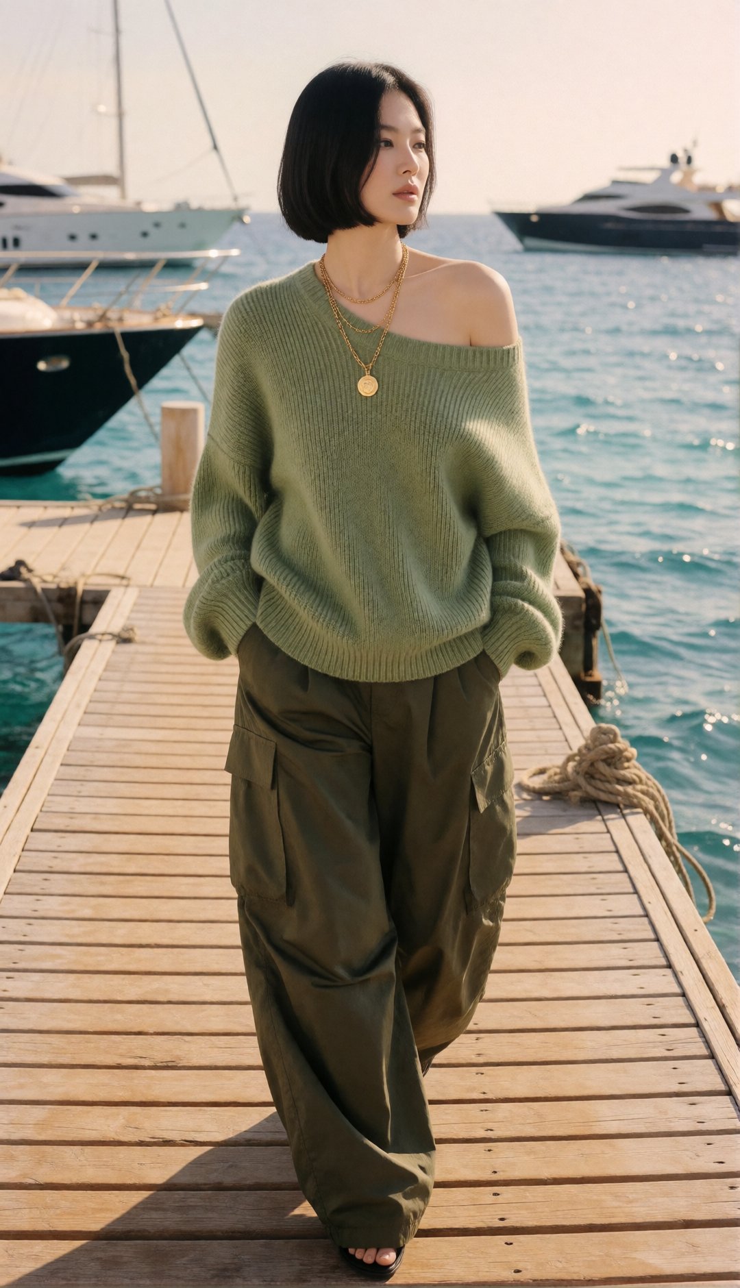 luxury coastal fashion editorial,  elegant young Korean woman with a sleek chin-length black bob,  walking confidently alo...