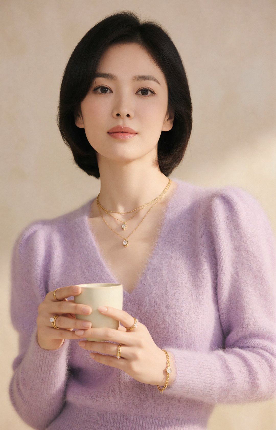 A refined luxury jewelry editorial portrait of a beautiful 20-year-old woman with smooth natural skin and soft youthful gl...