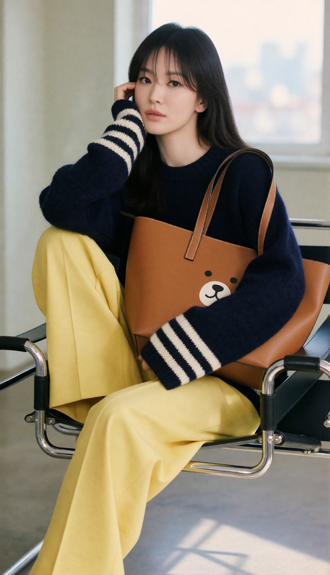 cozy luxury fashion editorial,  beautiful young Korean woman with long straight black hair and soft wispy bangs,  sitting...