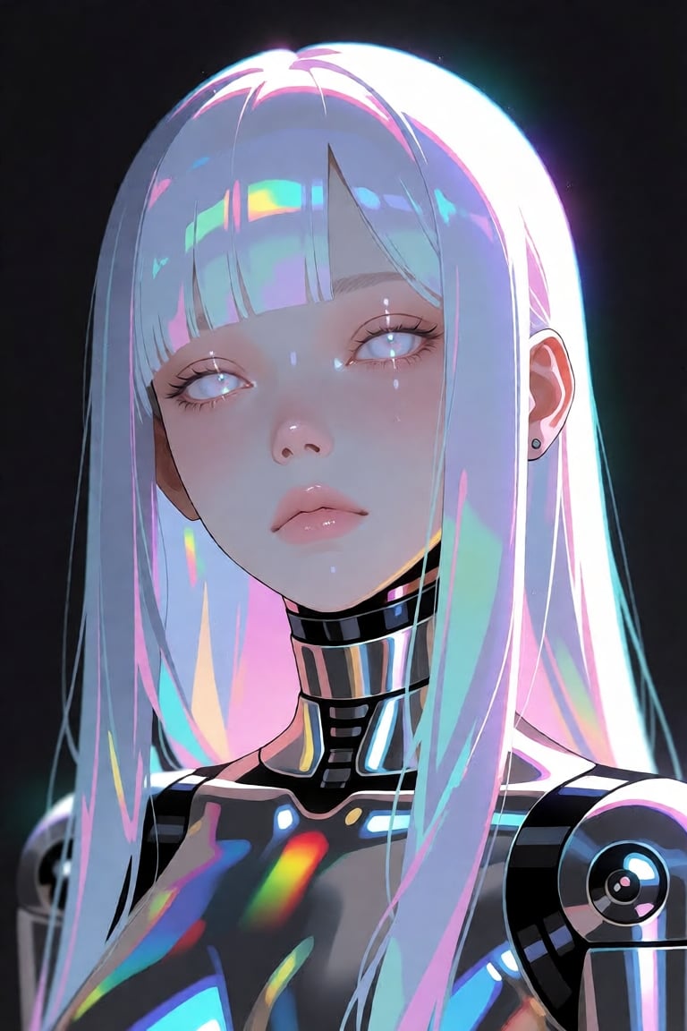 ethereal android girl with long iridescent holographic hair,  straight bangs,  pale porcelain skin by Official SketchZa on...