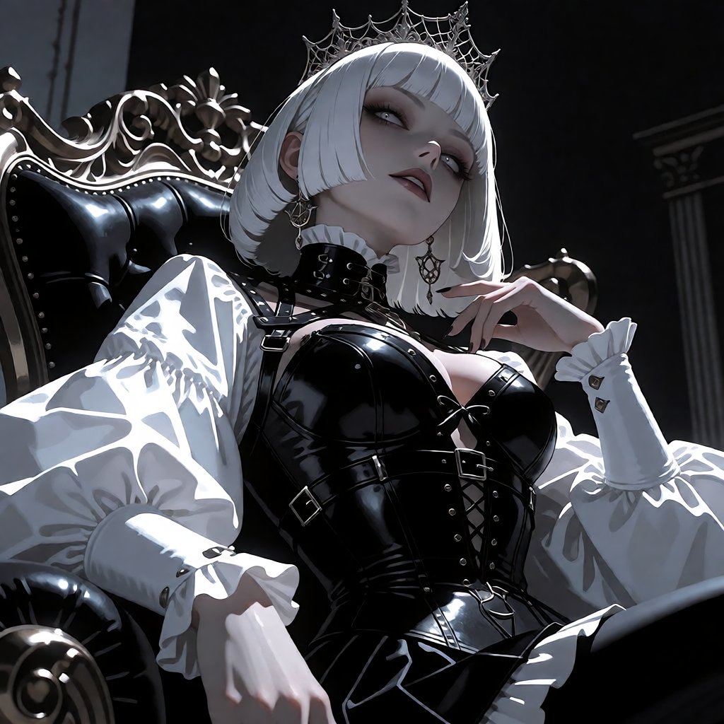 A regal anime queen with platinum white bob-cut hair and piercing pale eyes,  wearing an intricate black leather corset wi...
