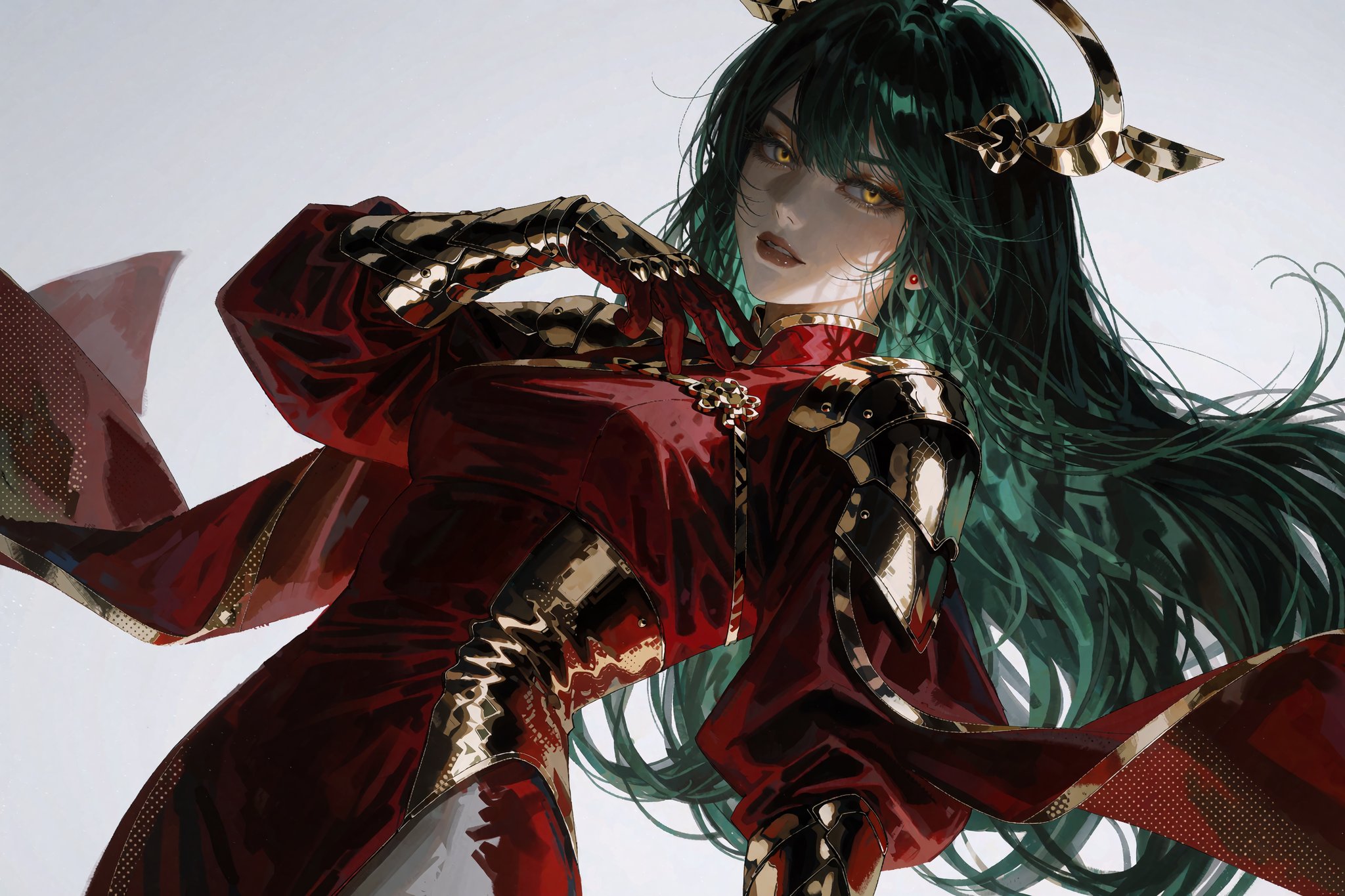 @SM1EXTR,  A stylized anime portrait of a female warrior leaning back dynamically and glancing over her shoulder against a...