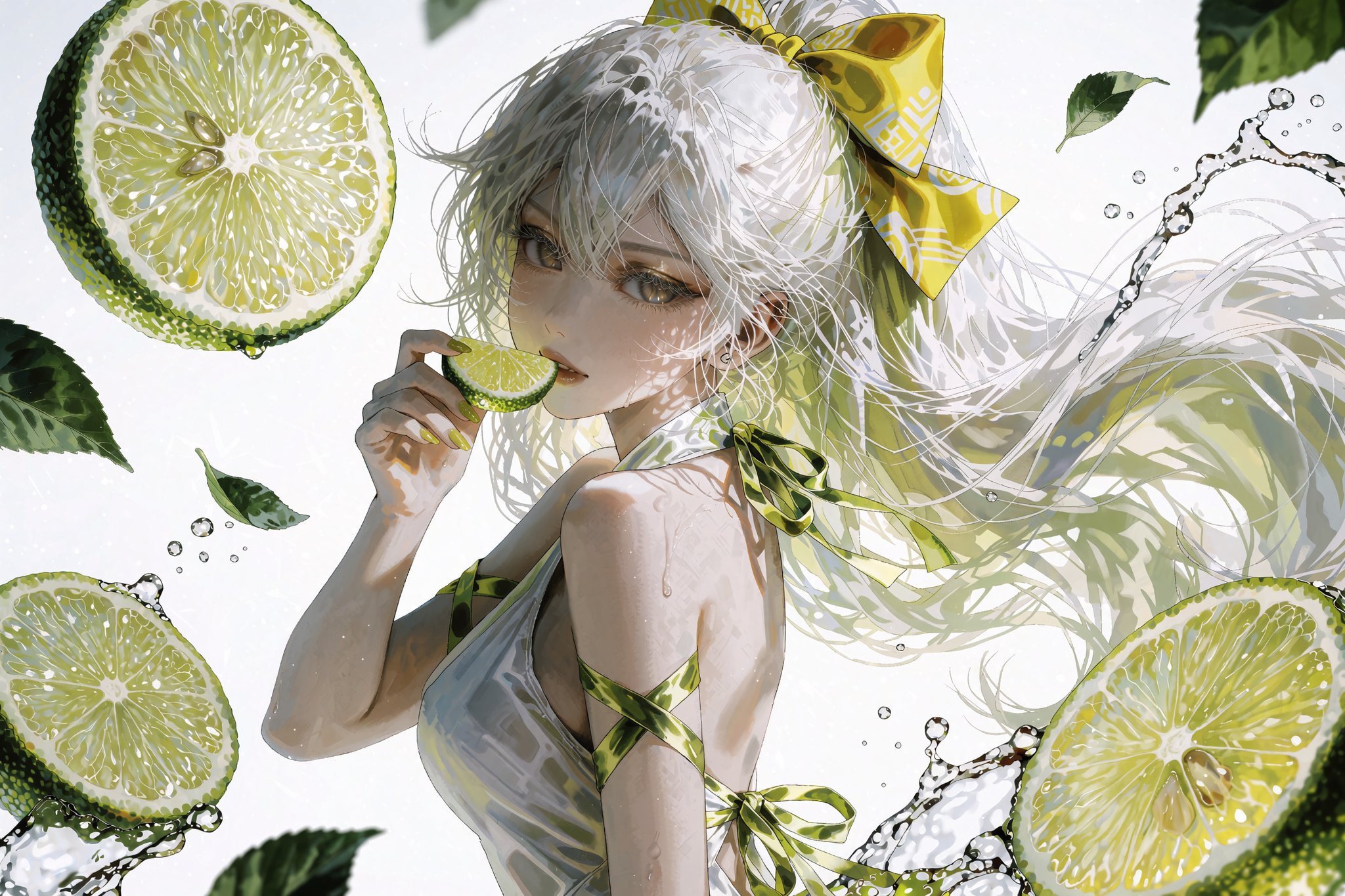 @SM1EXTR,  young anime voluptuous woman with flowing white hair and bright chartreuse eyes holding a tiny lime wedge to he...