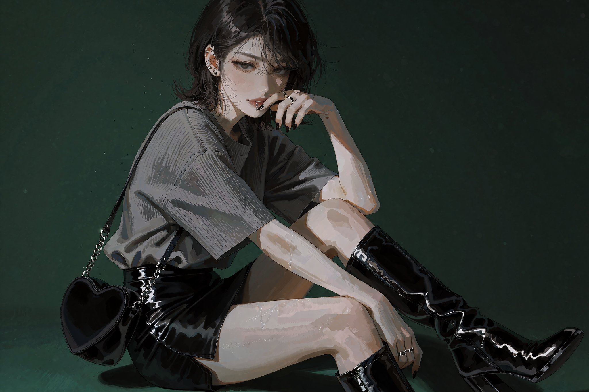 @SM1EXTR,  A stylized digital illustration of a young woman seated against a solid forest-green backdrop. She has short da...