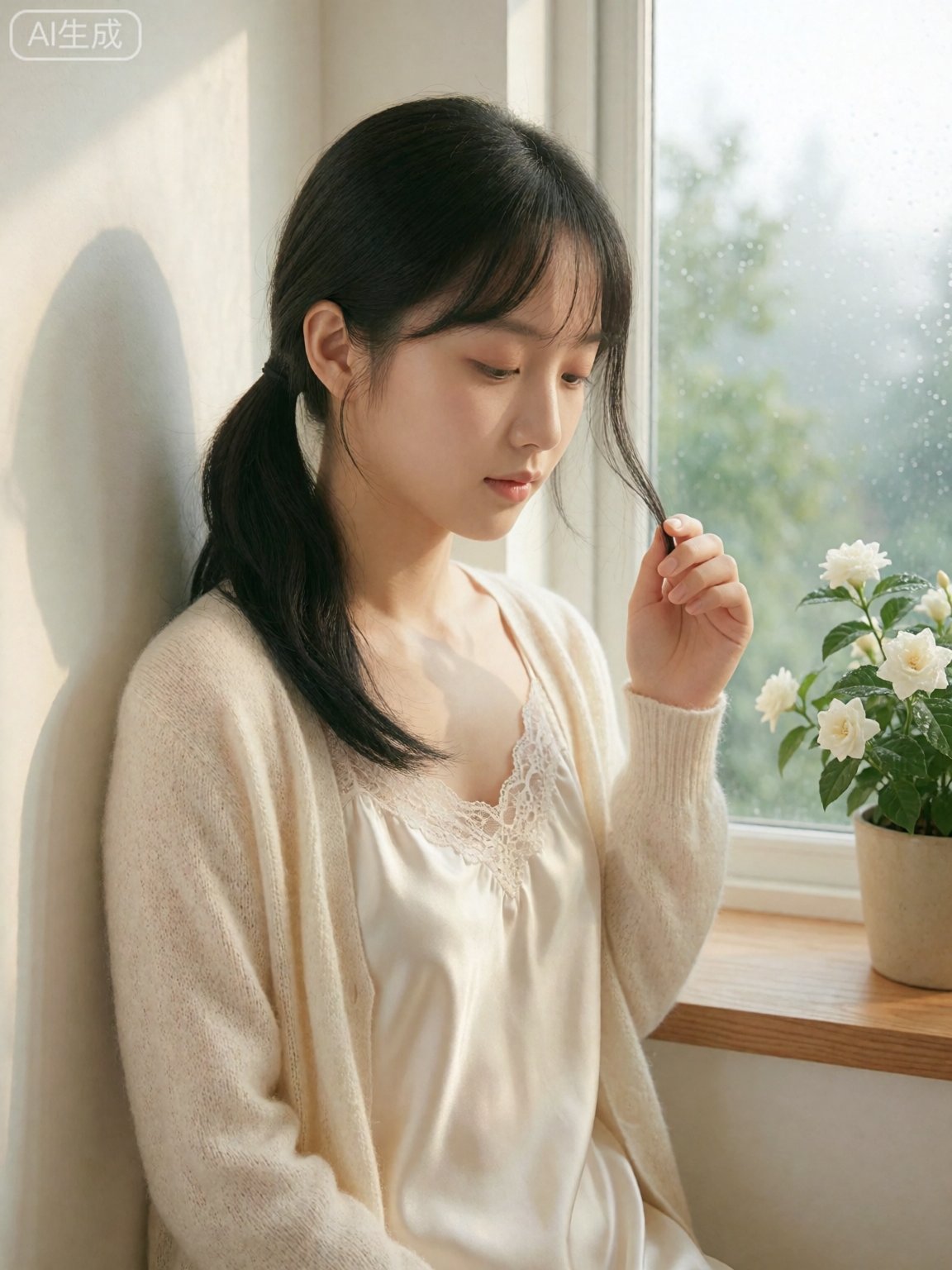 清晨卧室窗边半身照,  柔和晨光从左侧斜射,  在墙面投下浅淡光影。女生留着低马尾 by Sayid on Tensor.Art