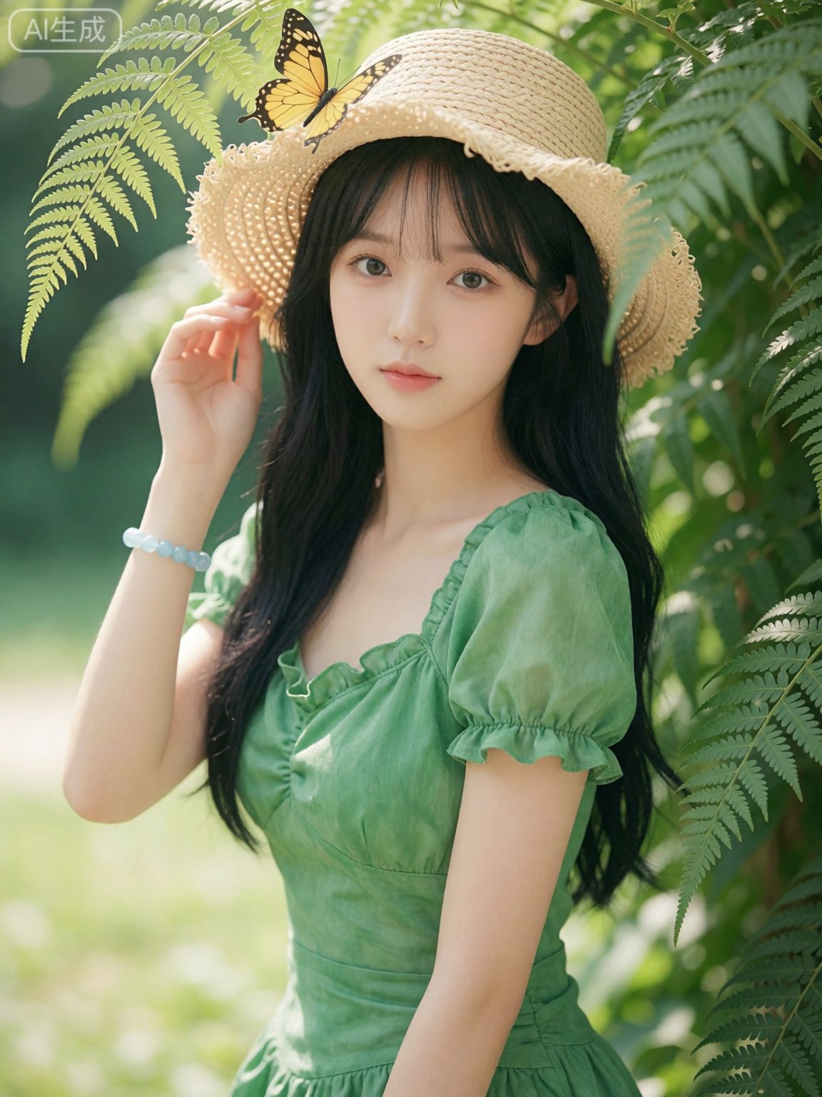 The image is a photograph of a young woman with a delicate,  ethereal appearance,  standing outdoors amidst lush greenery....