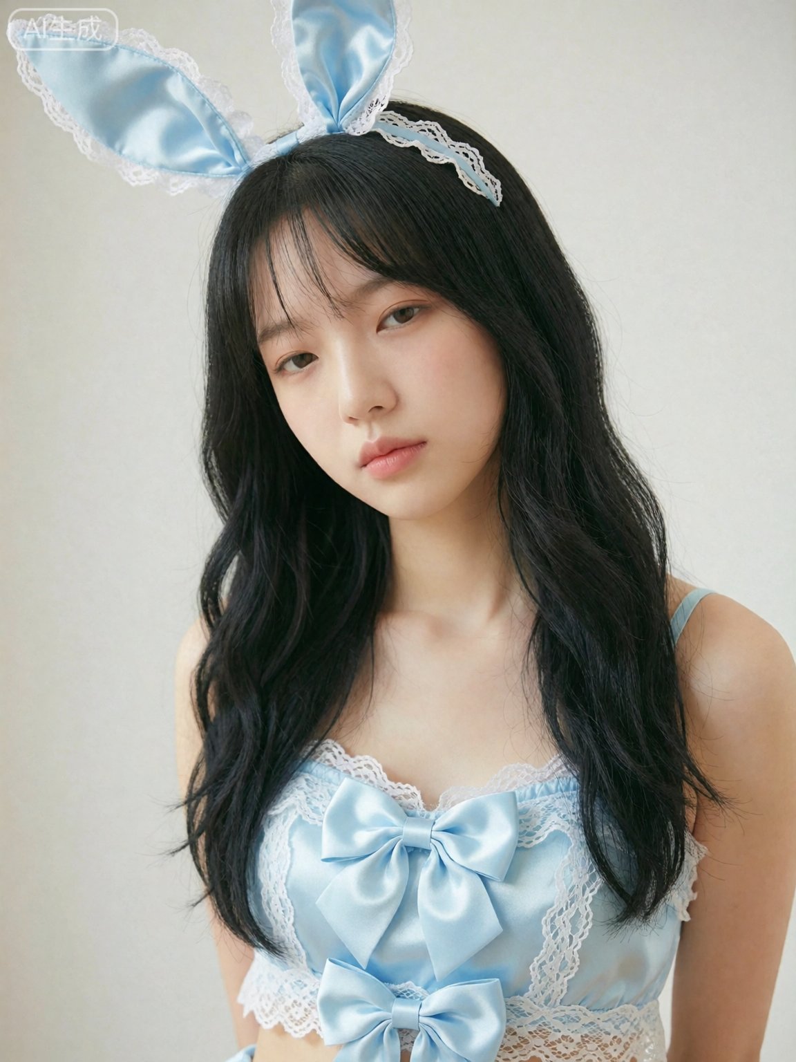 The image is a photograph of a young person with long,  wavy black hair wearing a light blue,  satin and lace costume with...