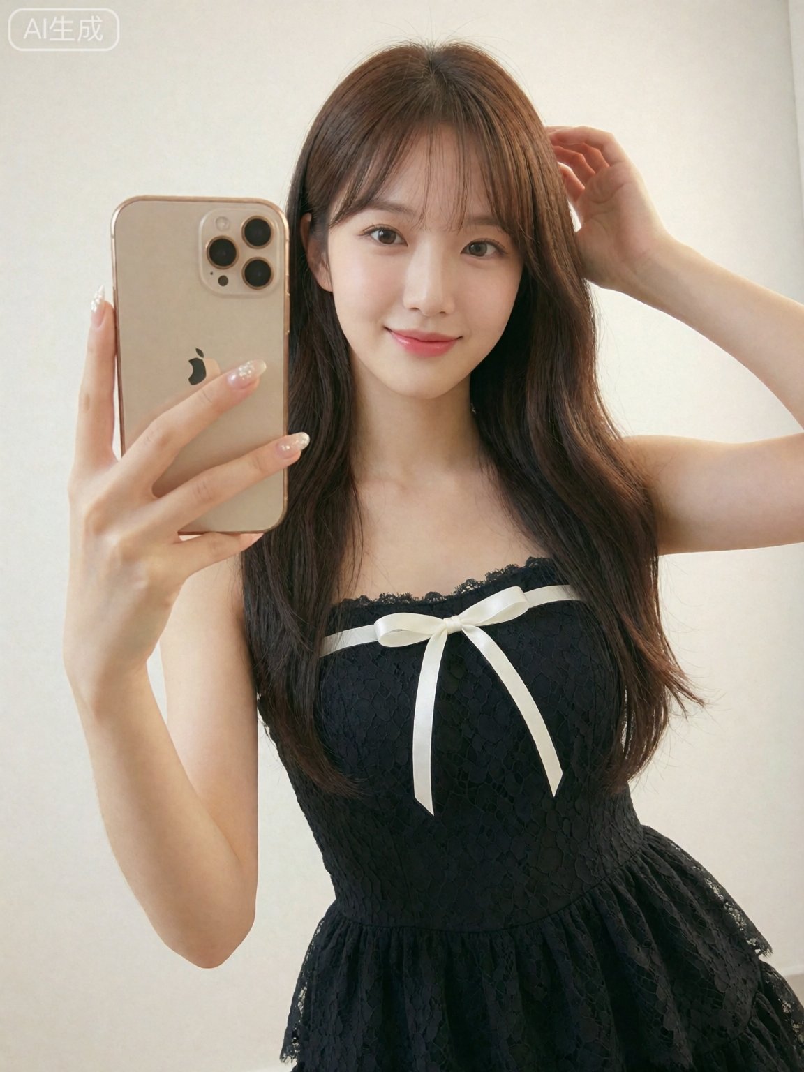 Photograph of a young woman taking a mirror selfie. She has long,  straight brown hair and fair skin,  with a slight smile...