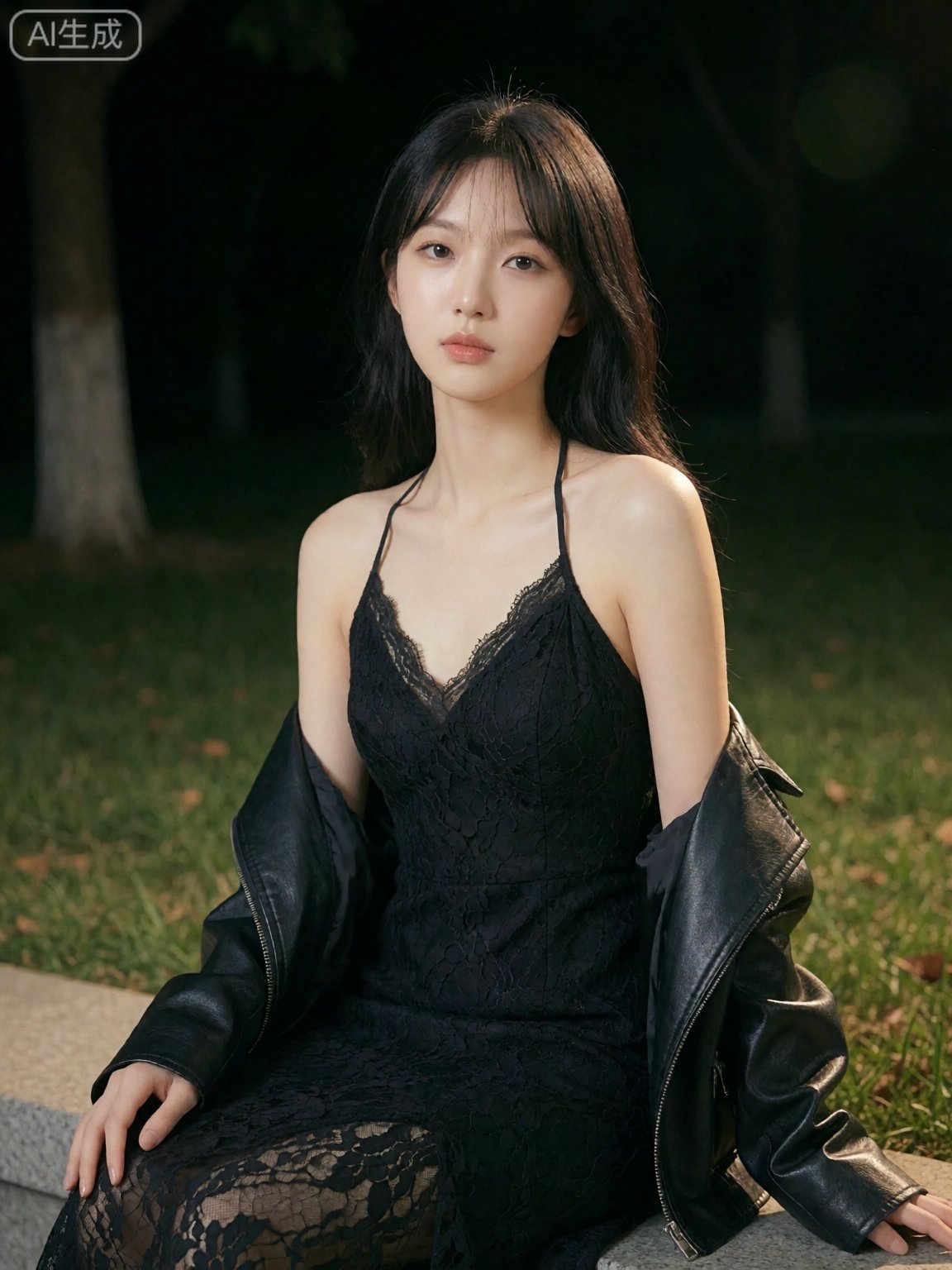 夜晚公园,  一位身材纤细、皮肤白皙的年轻女性,  身穿黑色蕾丝吊带连衣裙 by Sayid on Tensor.Art