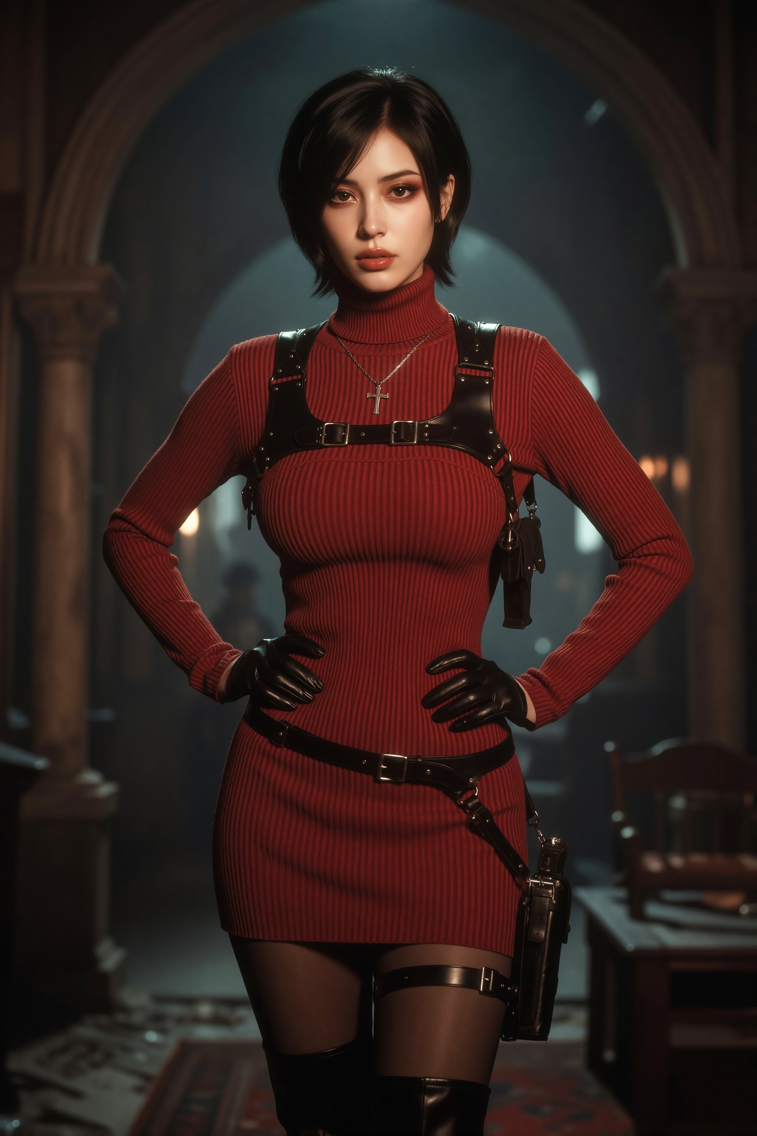Cinematic photography,  Vv.LXVIII - RE4R-Ada_Wong,  she is wearing a silver Catholic Cross necklace by ValienteVanguard68...