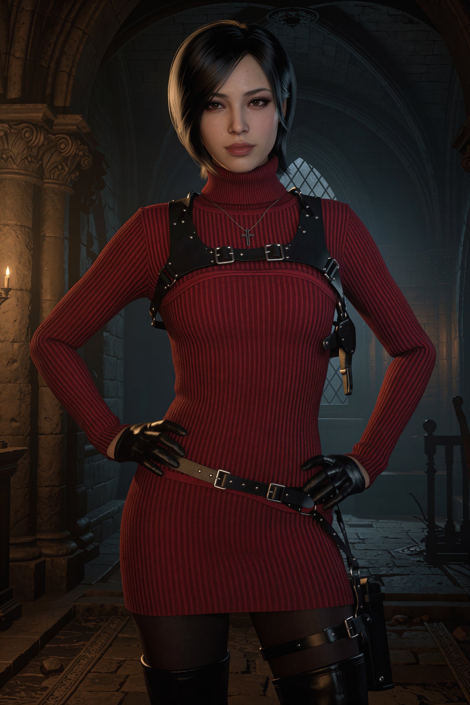 3d game render,  Vv.LXVIII - RE4R-Ada_Wong,  she is wearing a silver Catholic Cross necklace by ValienteVanguard68 on Tens...