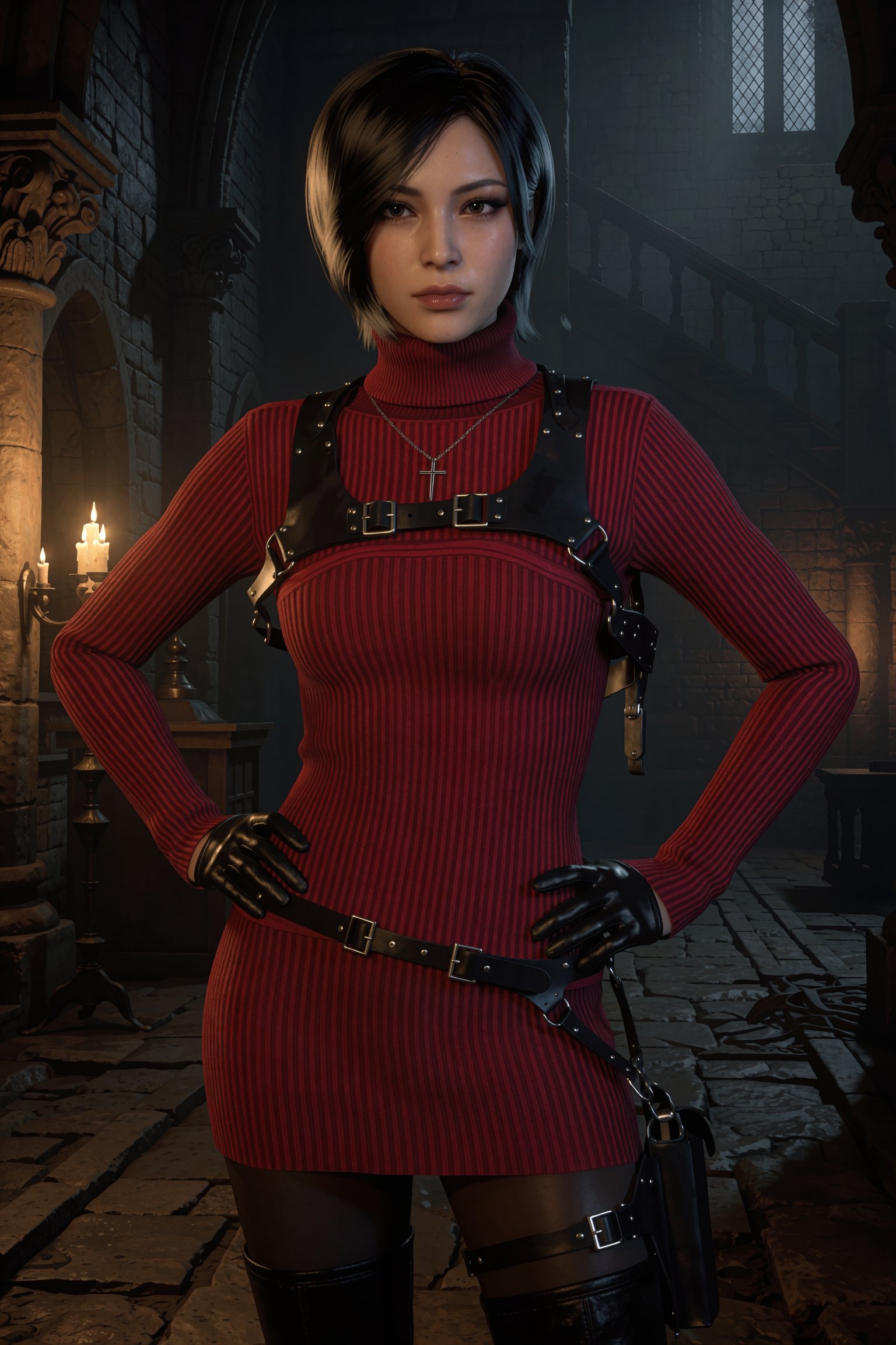 3d game render,  Vv.LXVIII - RE4R-Ada_Wong,  she is wearing a silver Catholic Cross necklace by ValienteVanguard68 on Tens...