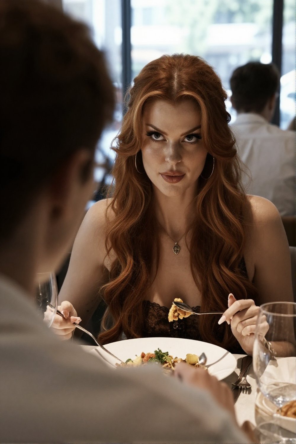 Sitting in a restaurant for dinner with her date. POV from her date's perspective . Bright natural lighting. Looking into...