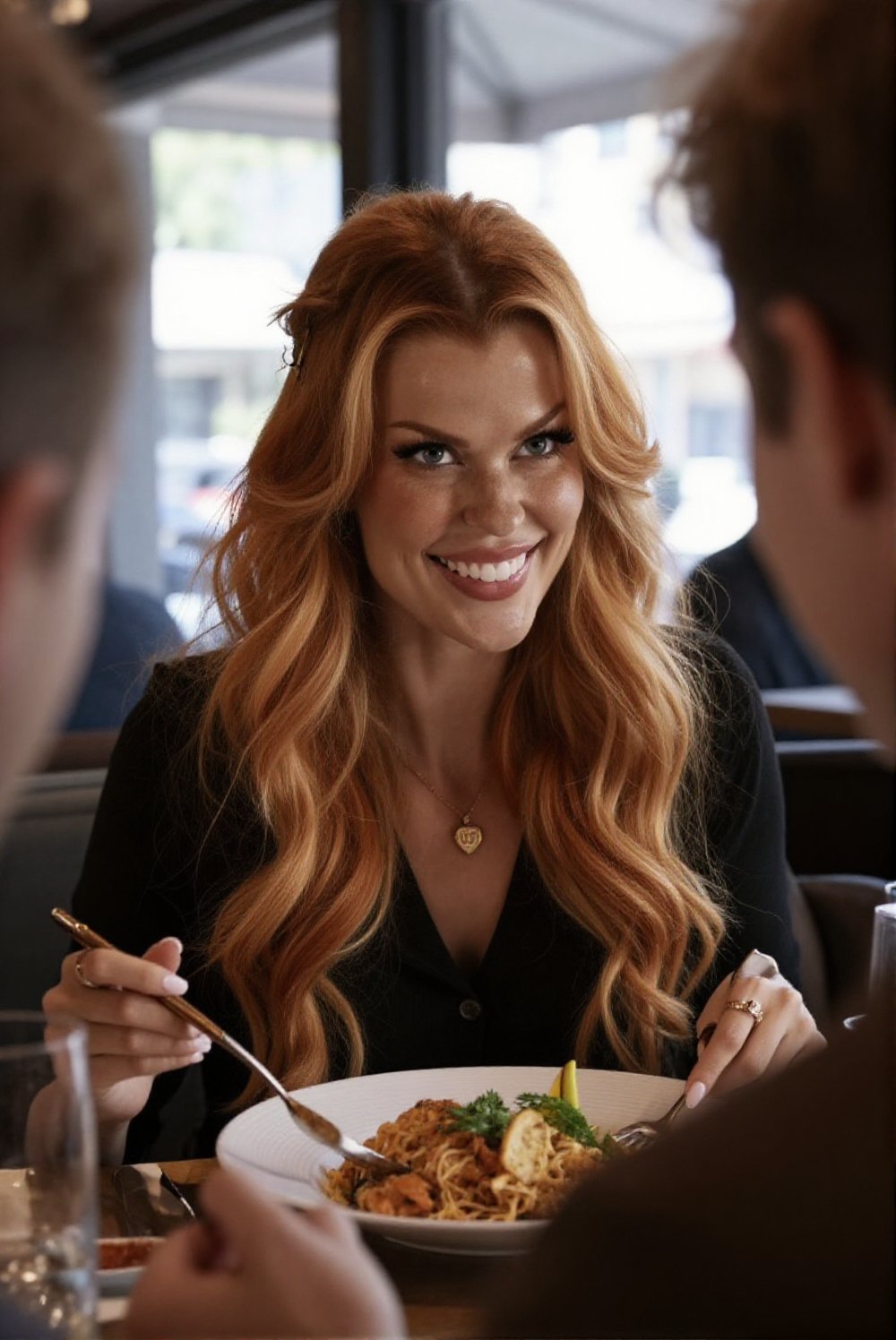 Sitting in a restaurant for dinner with her date. POV from her date's perspective . Bright natural lighting. Looking into...