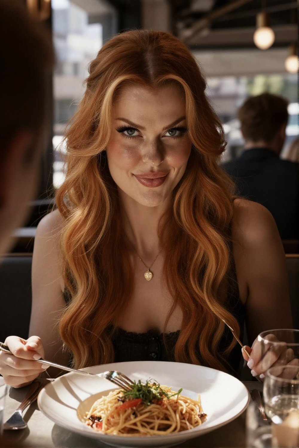 Sitting in a restaurant for dinner with her date. POV from her date's perspective . Bright natural lighting. Looking into...